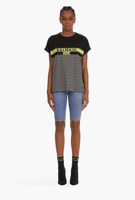 Bicolor cotton jacquard T-shirt with lime green Balmain logo print - 4