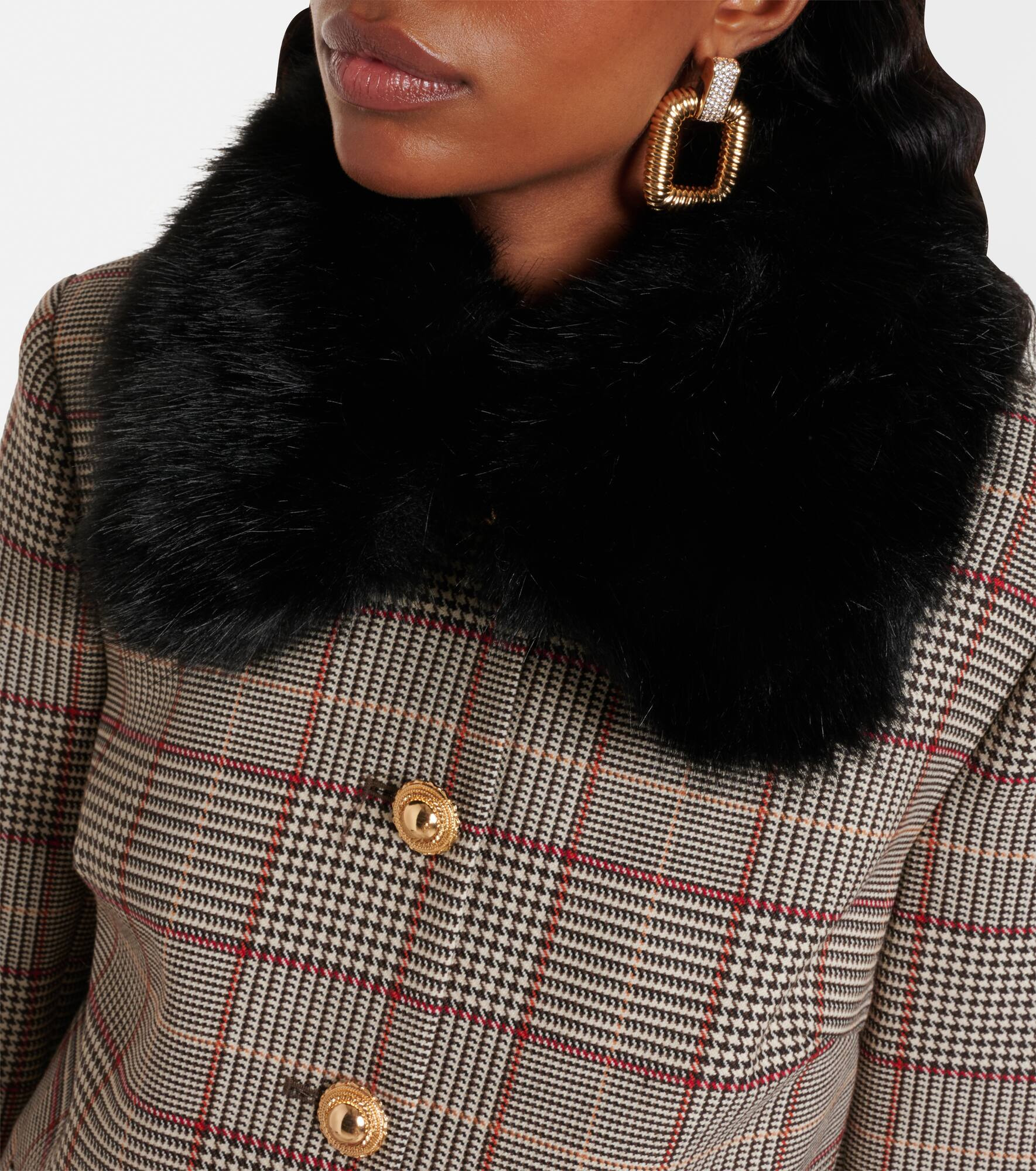 Checked faux fur-trimmed jacket - 4