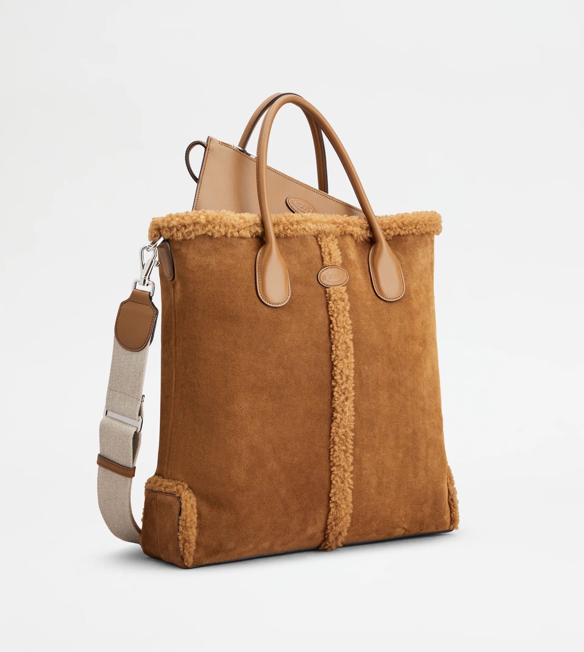 TOD'S DI BAG TOTE IN SUEDE AND SHEARLING MEDIUM - BROWN - 3