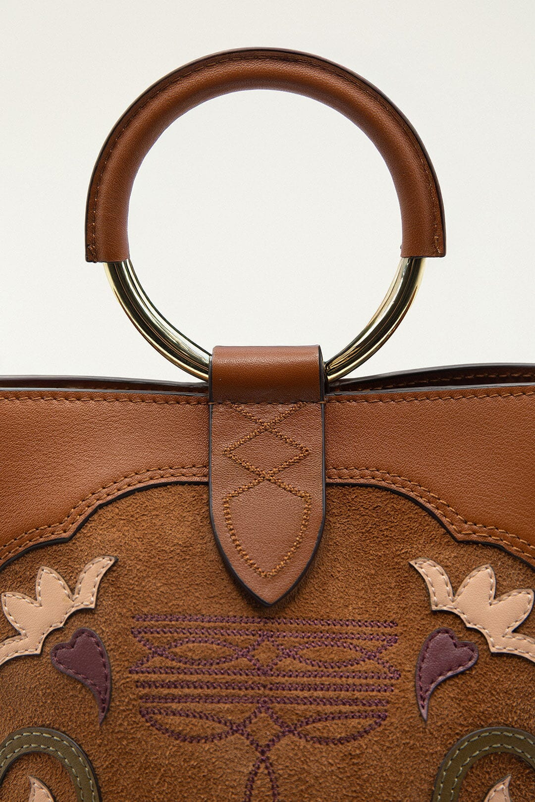 Brown Western Embroidered Leather Bucket Bag - 4