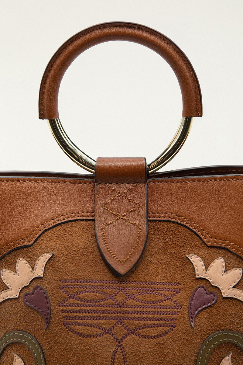 Brown Western Embroidered Leather Bucket Bag 4