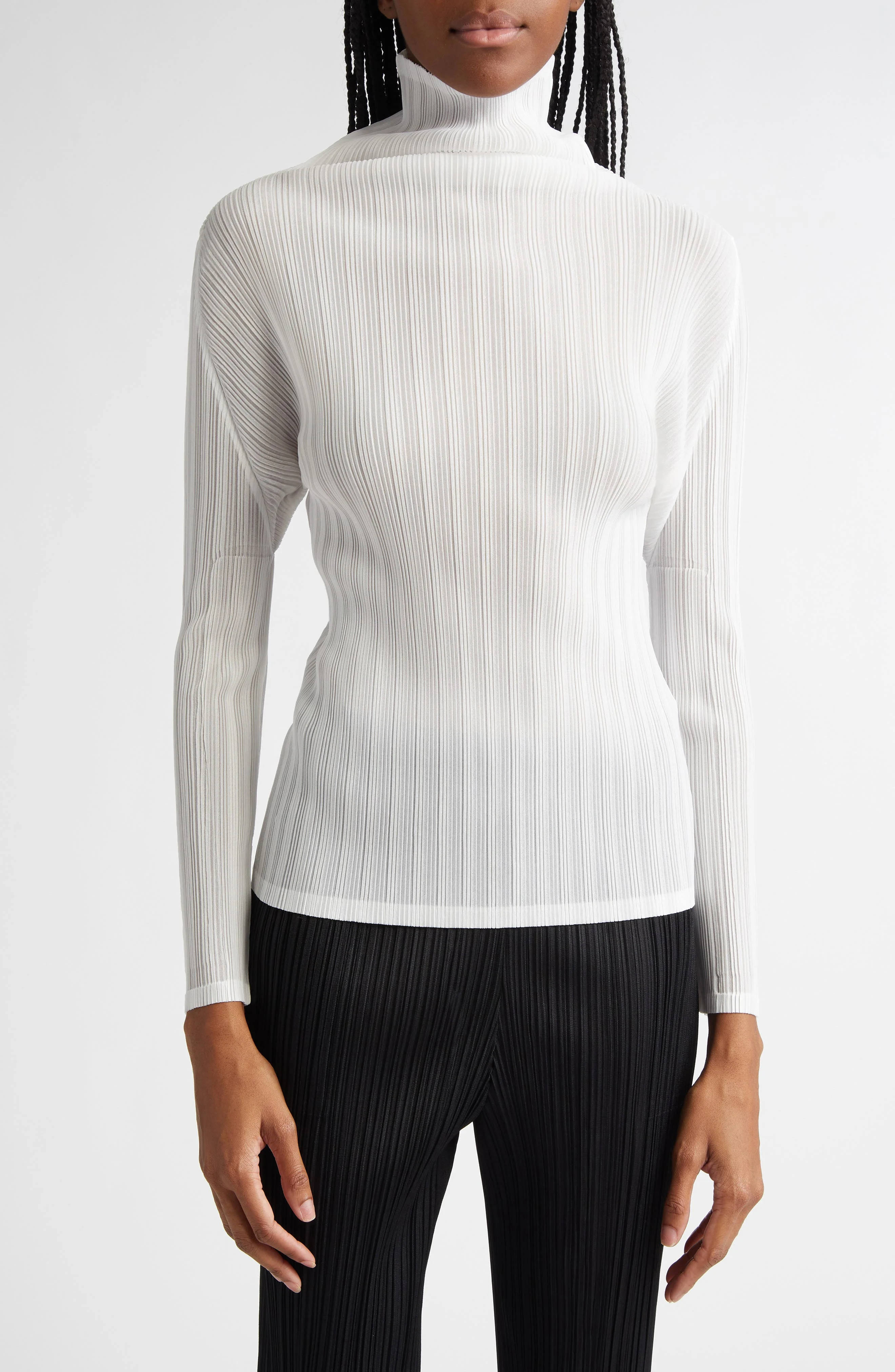 Pleats Please Issey Miyake Pleated Long Sleeve Turtleneck in White at Nordstrom - 1