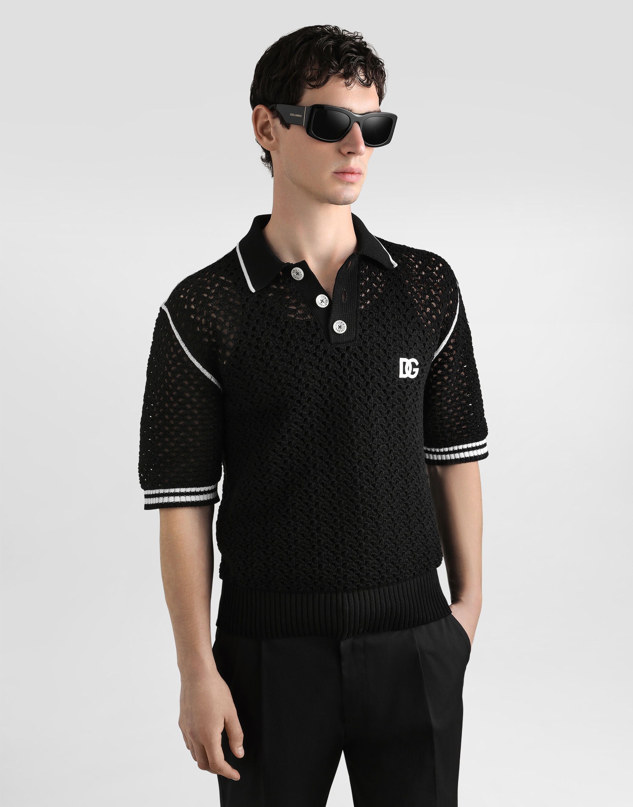 Crochet effect cotton polo shirt - 4