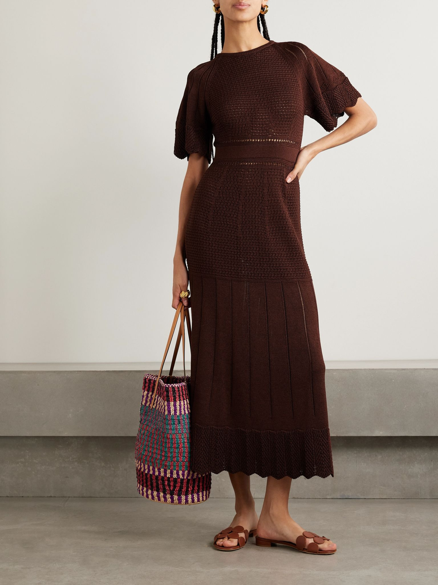 Imaginaire pointelle-knit cotton-blend maxi dress Chocolate - 2