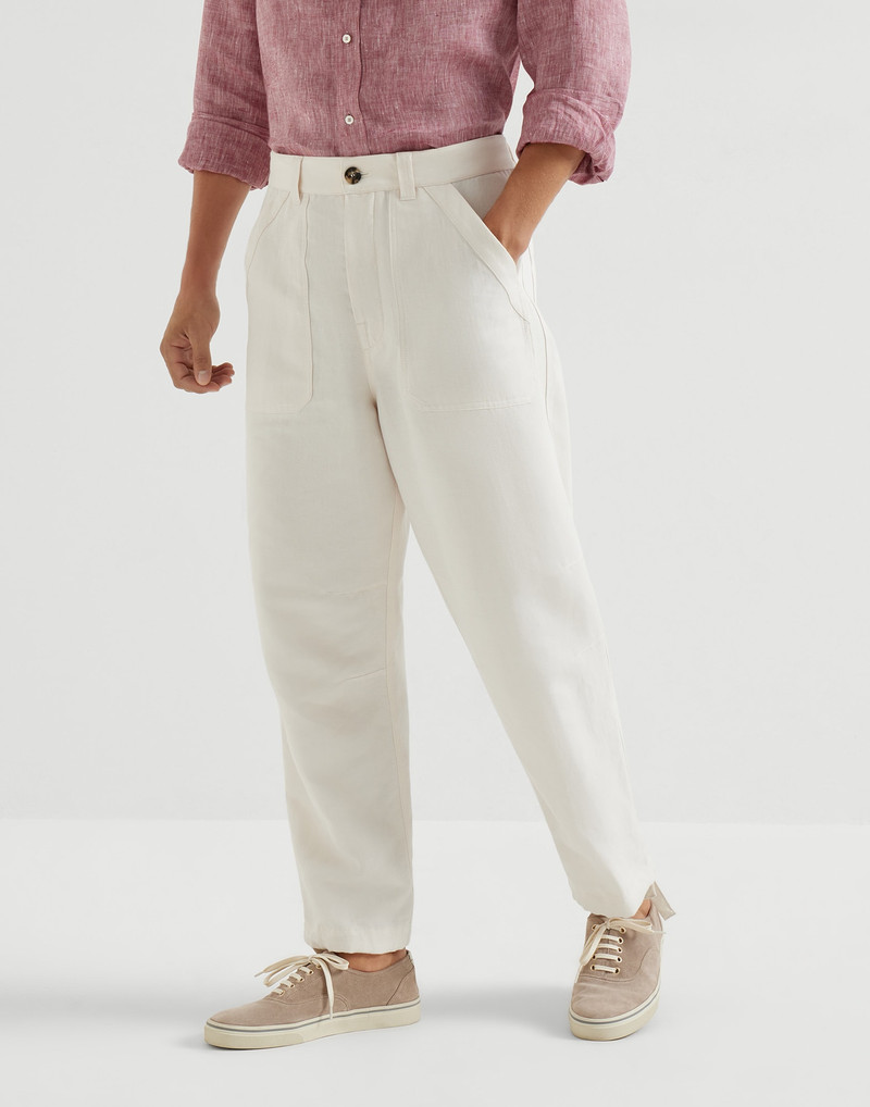 Linen and cotton drill trousers with patch pockets and drawstring 2