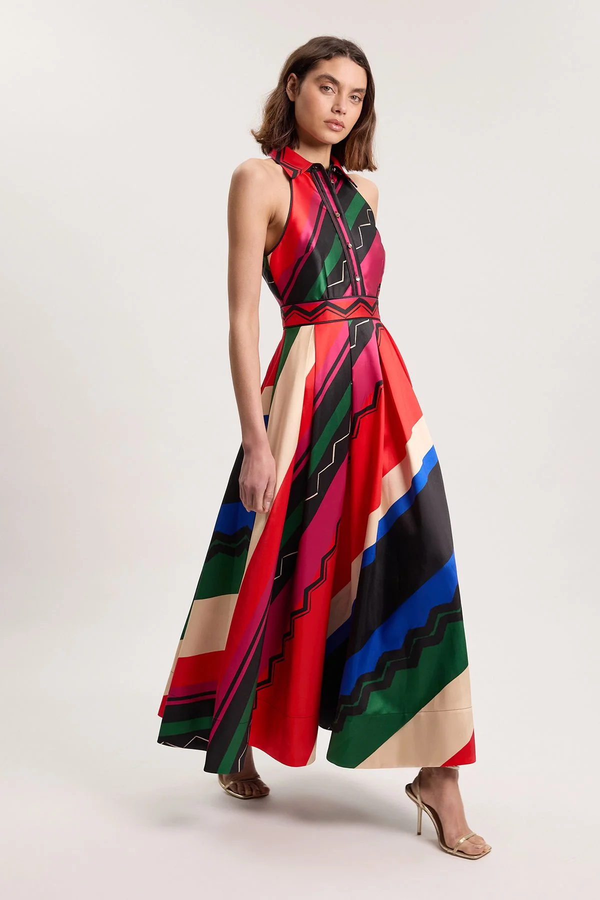 Abstract Print Twill Contrast Collared Woven Maxi Dress - 1