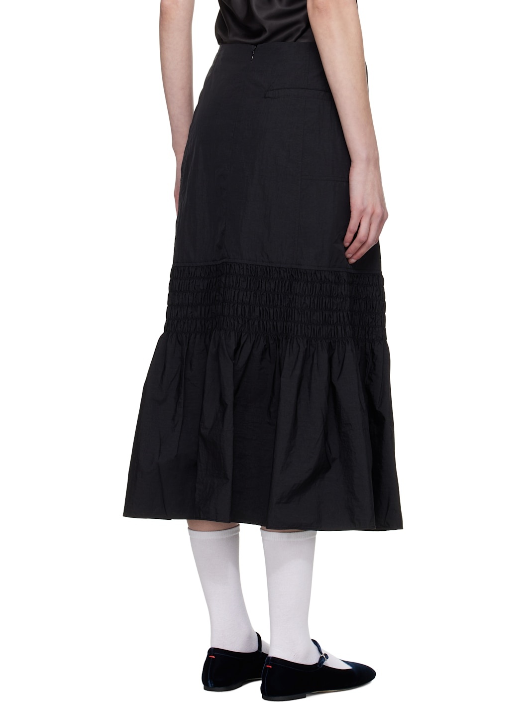Black Smocked Mermaid Midi Skirt - 3