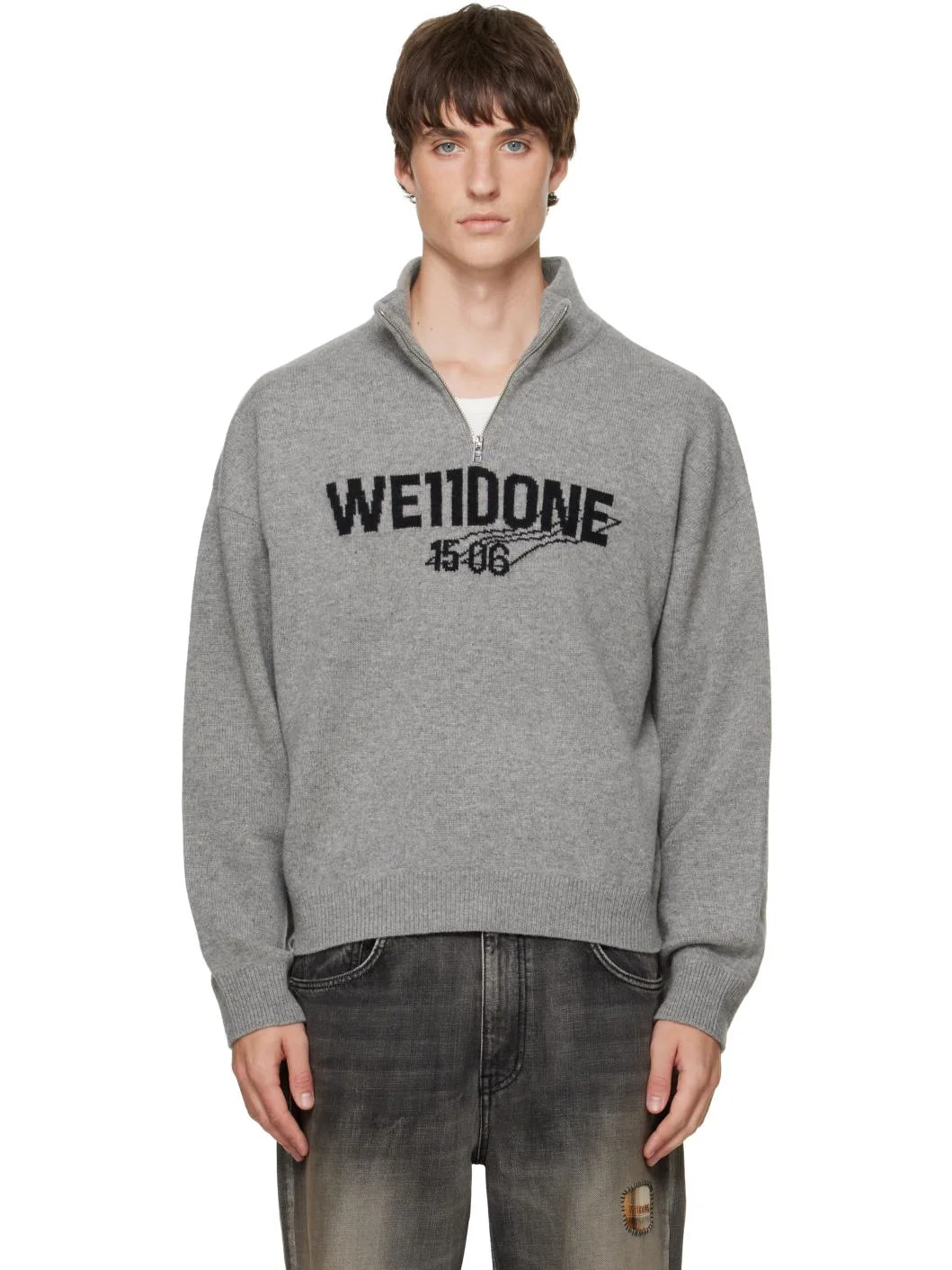 Gray Wide Logo Half-Zip Sweater - 1