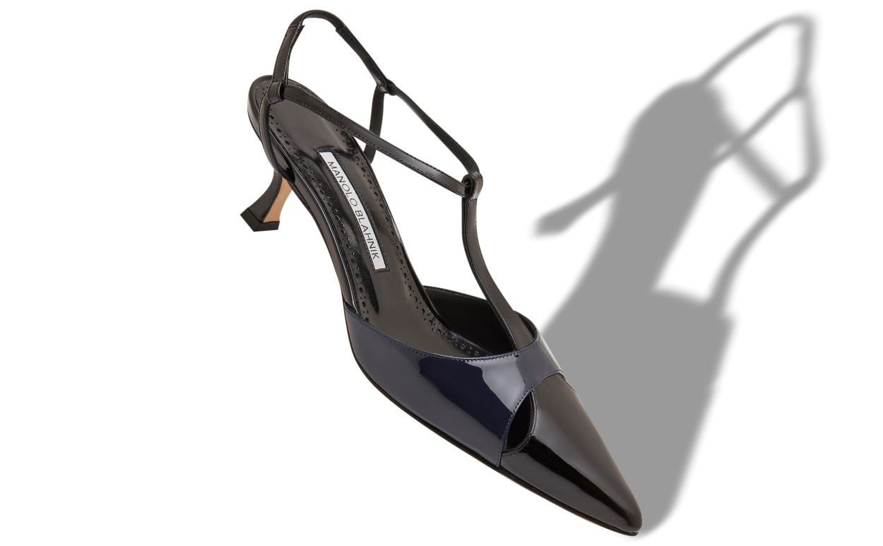 Black and Navy Blue Patent Leather T-Bar Pumps - 2