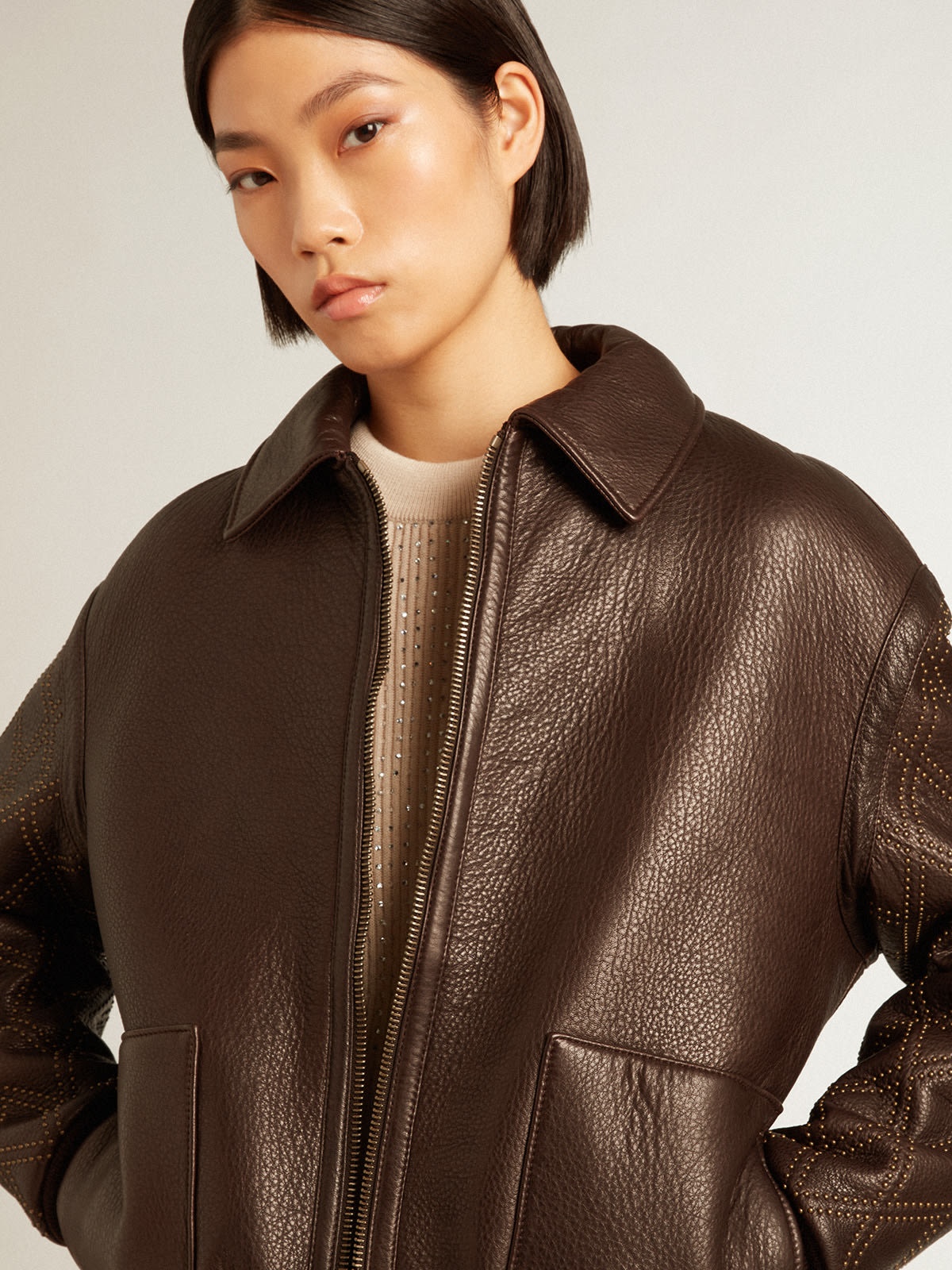 Brown nappa leather jacket with studded sleeves - 2
