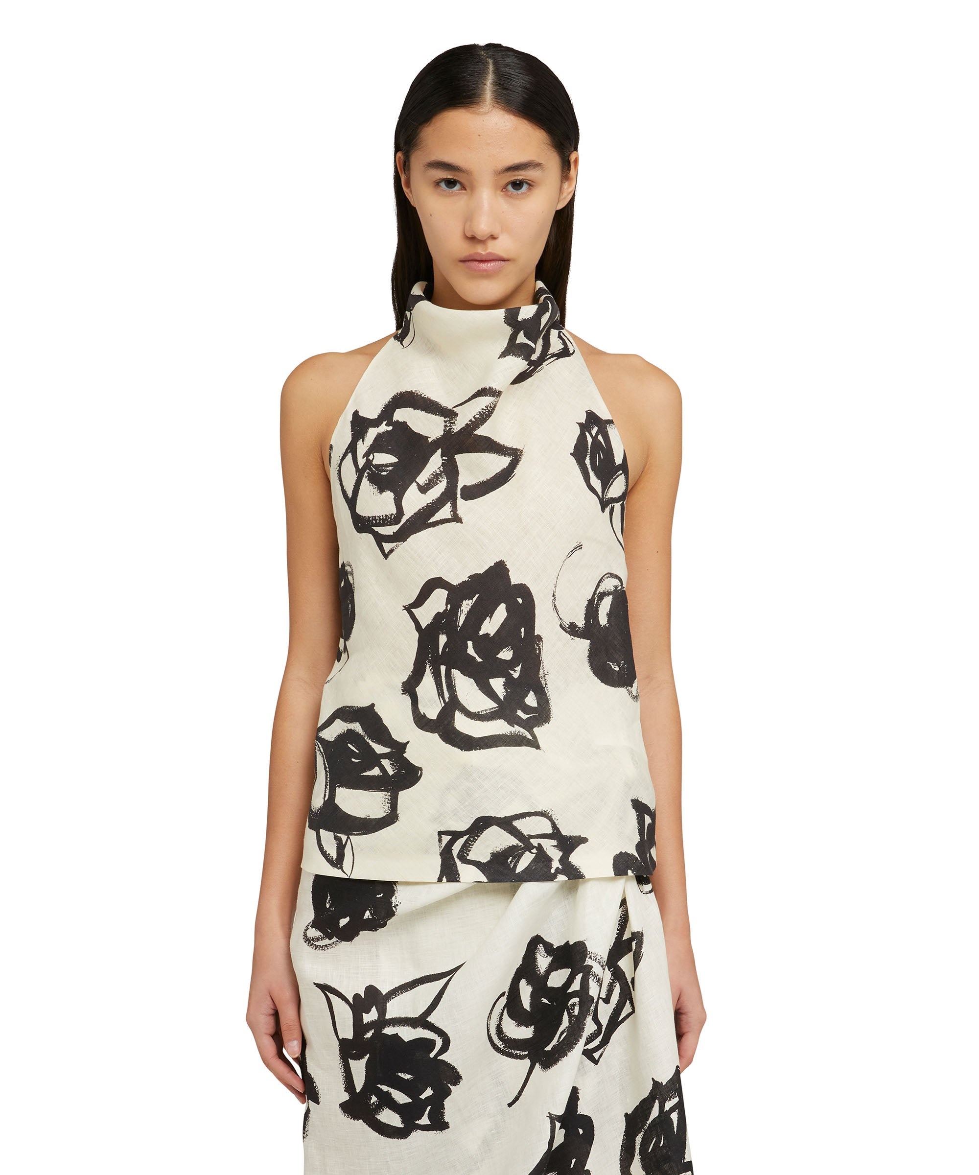 Blended linen sleeveless top with hooded collar and  brushstroke rose print - 2