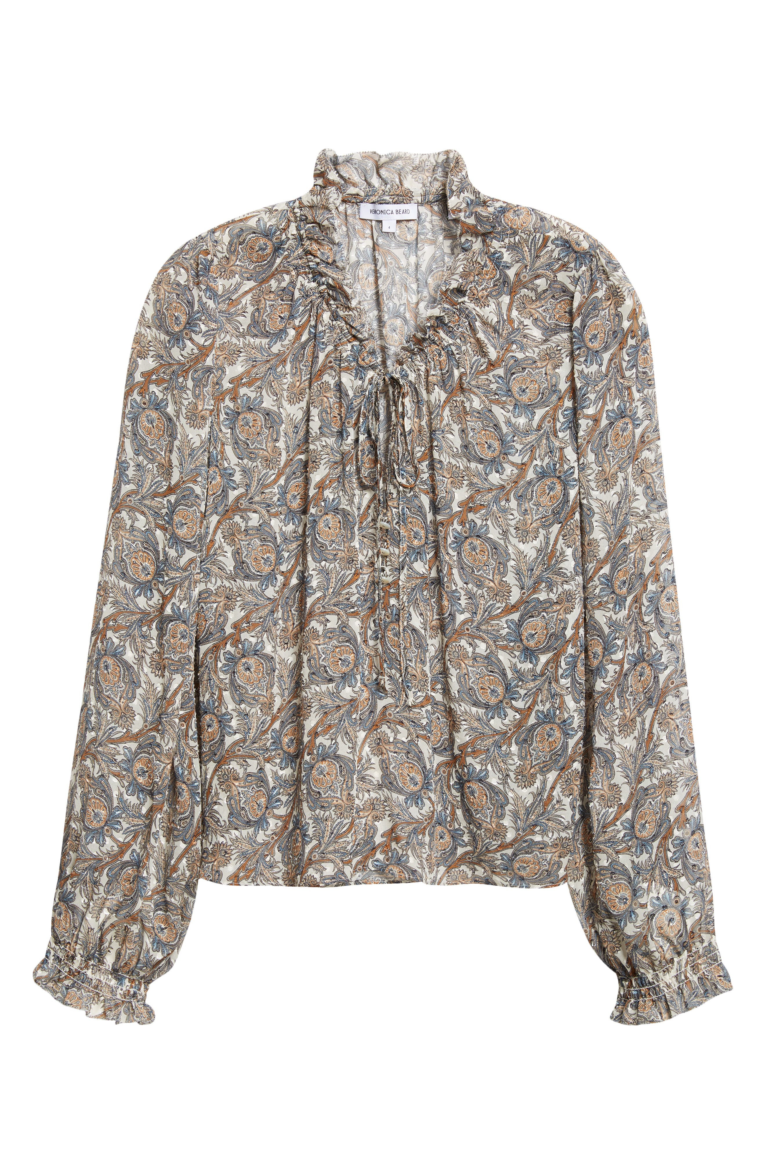 Veronica Beard Hickory Print Tie Neck Silk Blend Shirt in Dove Multi at Nordstrom - 6
