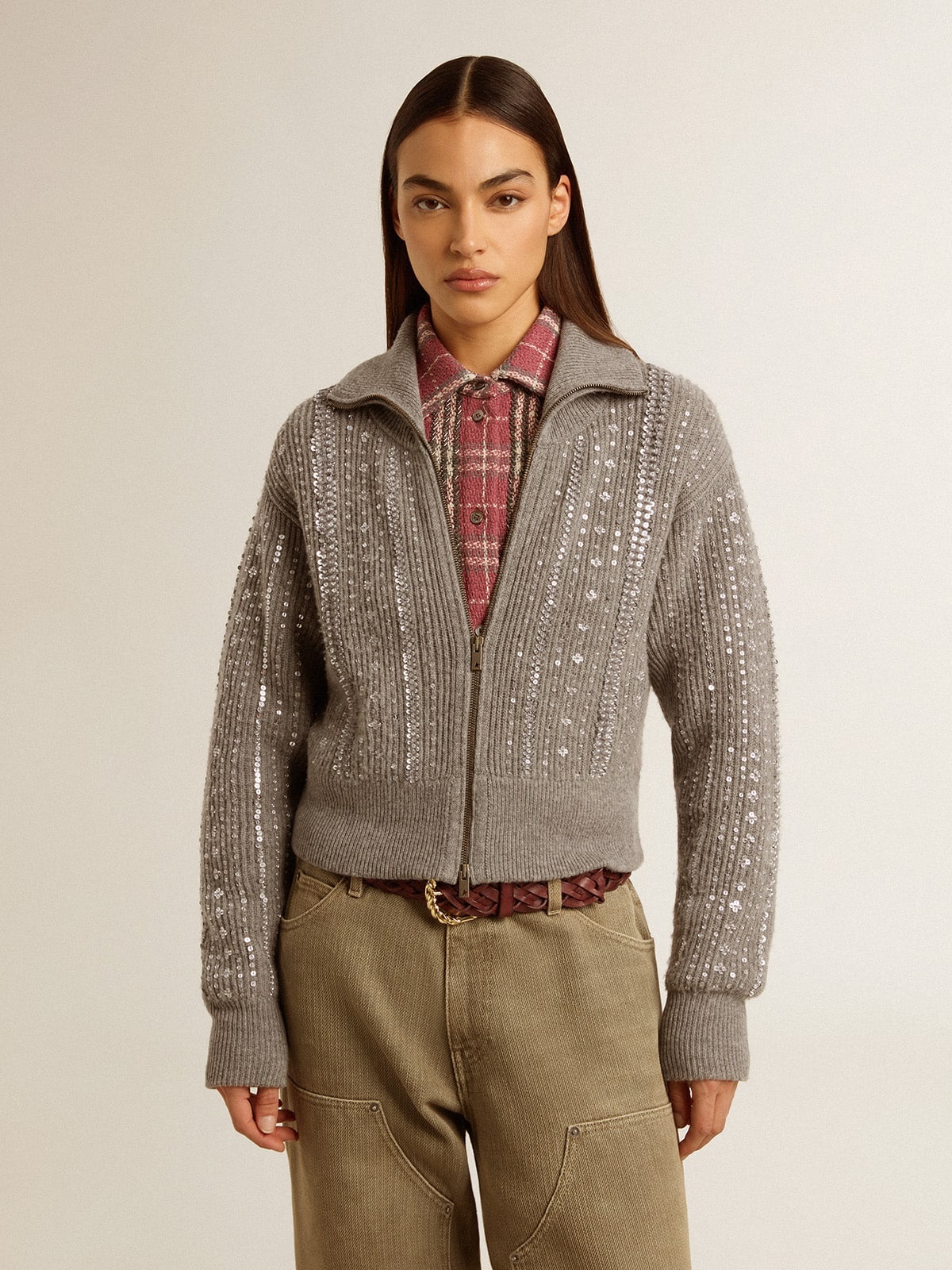 Women's cropped sweater in gray melange wool with sequins - 3