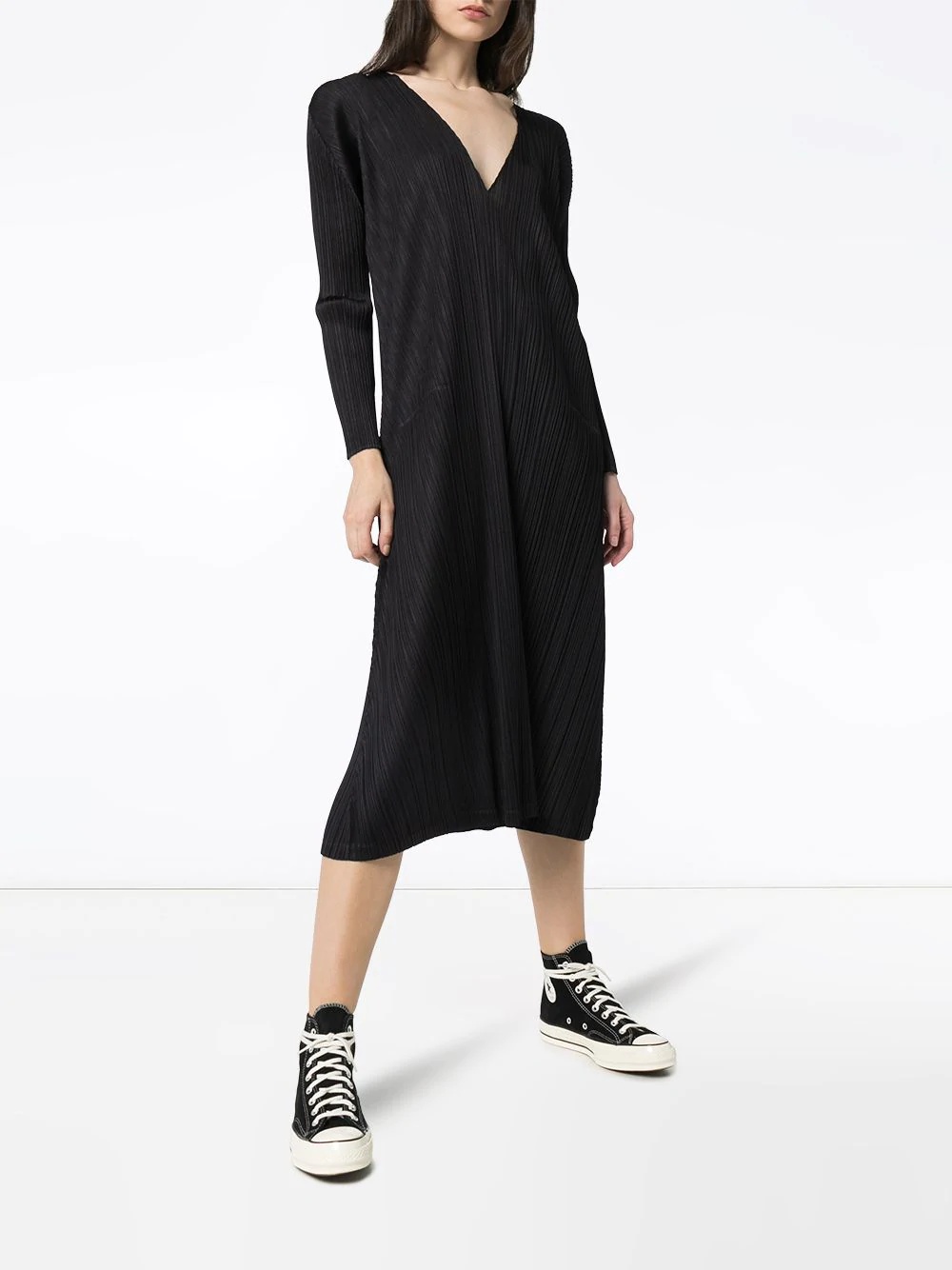 V-neck plissé midi dress - 3