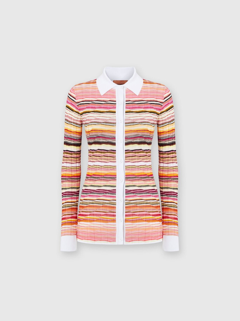 Striped cotton and viscose ribbed shirt with contrasting trim 1