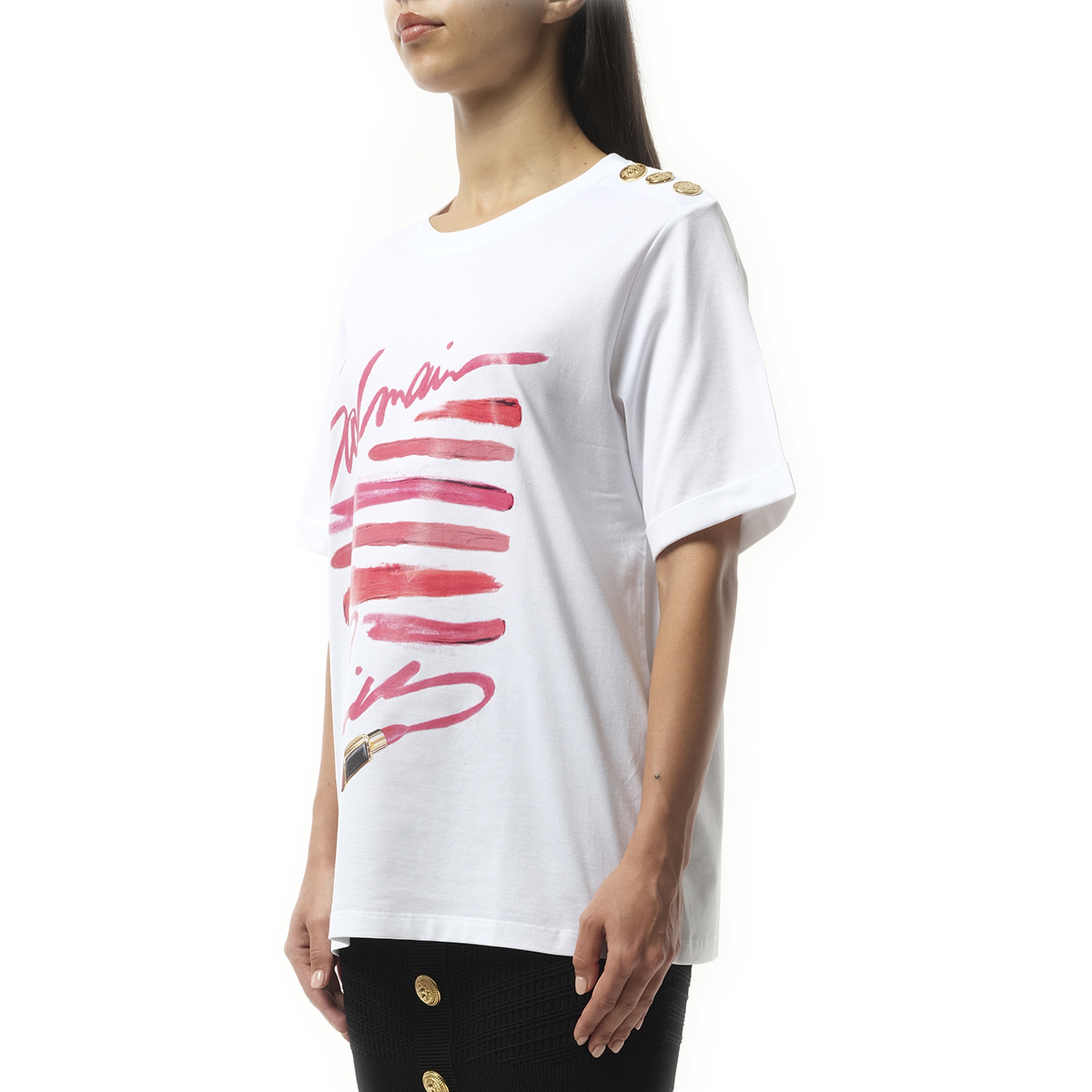 3 Btn Balmain Lipstick Print T-Shirt in White - 5