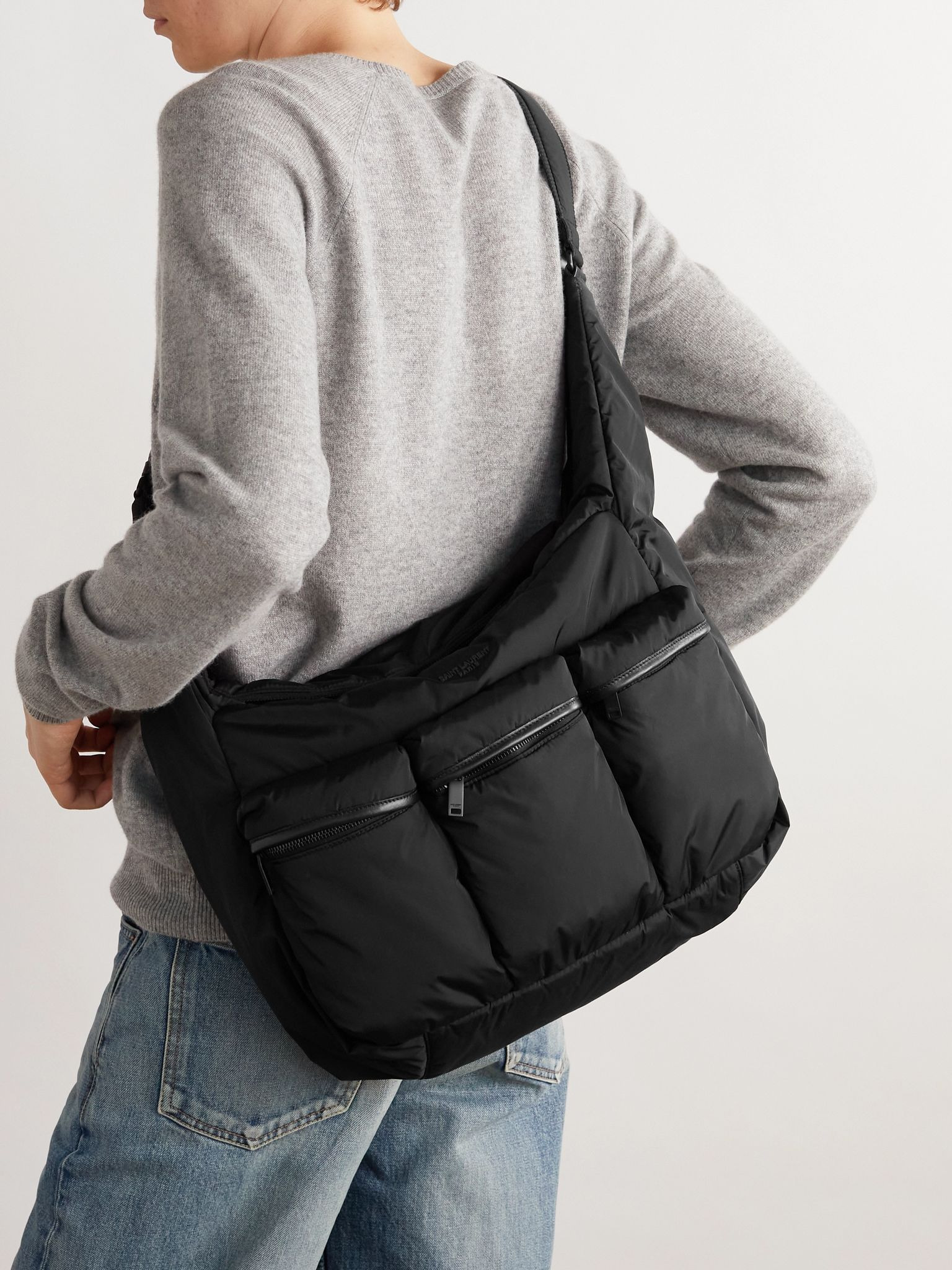 Leather-Trimmed Padded Shell Messenger Bag Black - 2