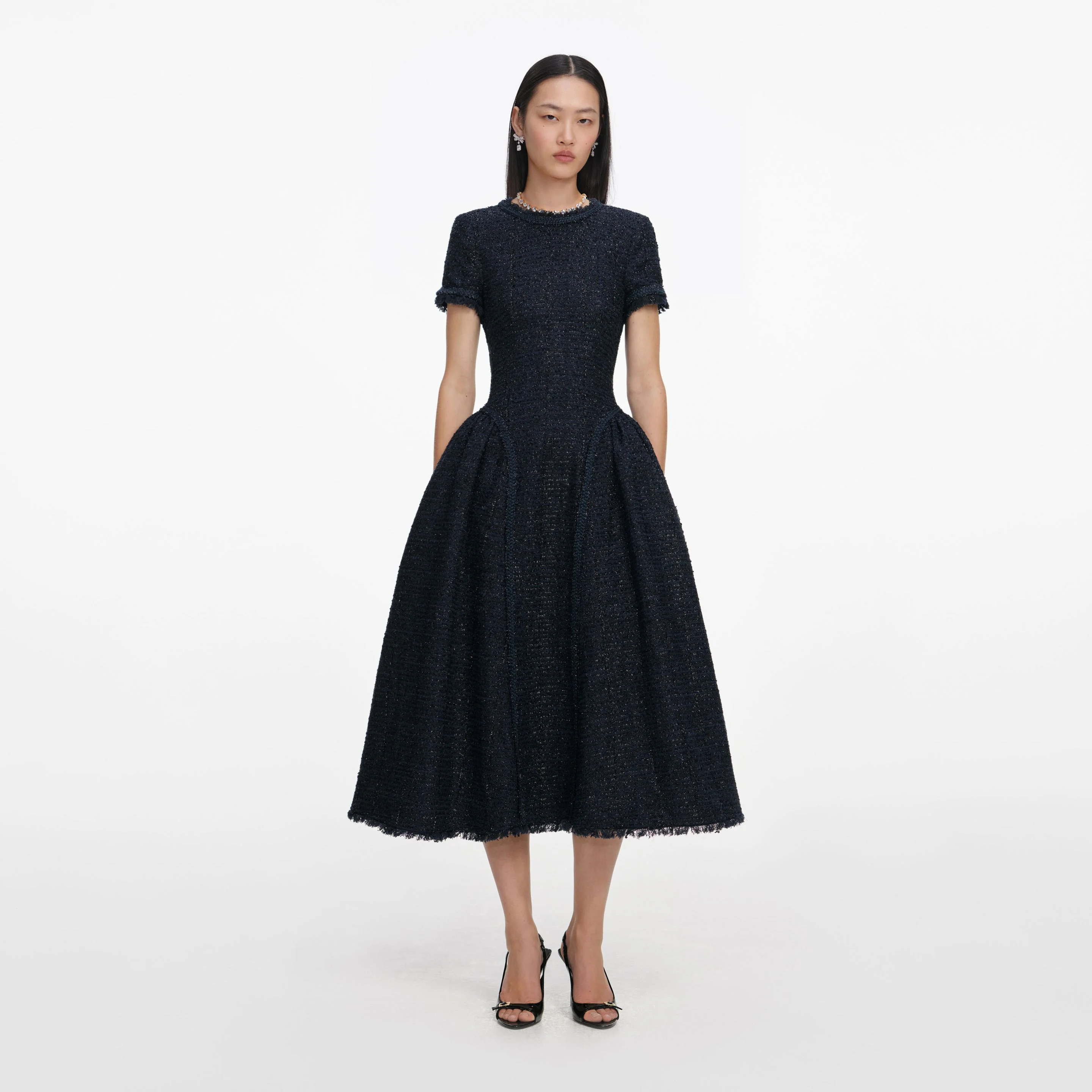 Navy Metallic Boucle Midi Dress - 1