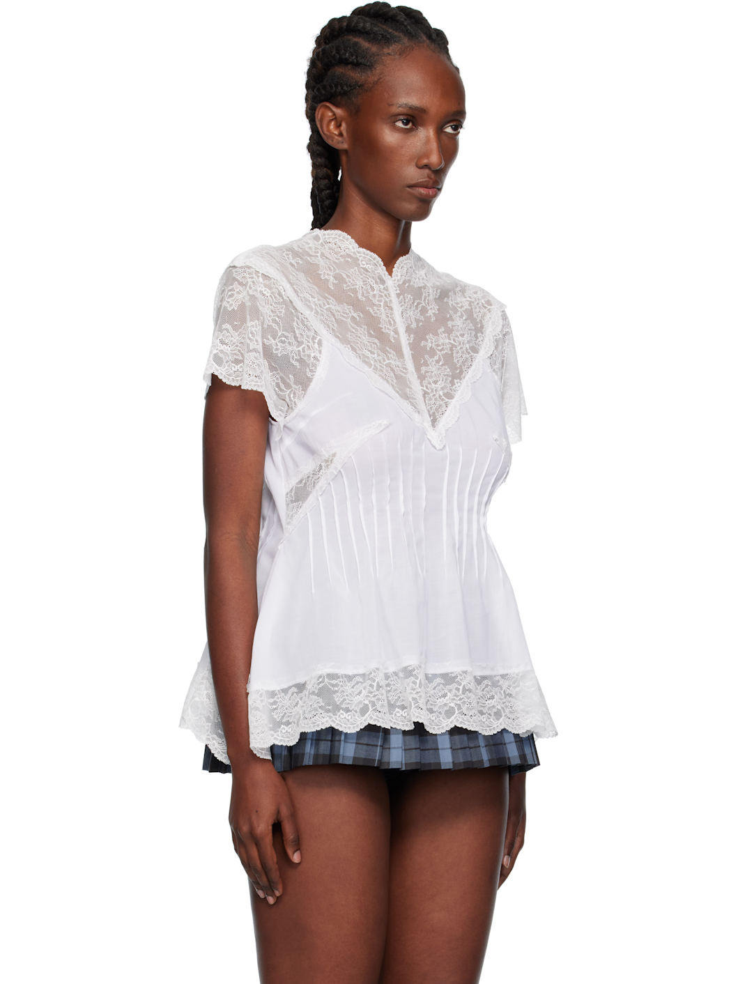 White Lace Trim Darted Top - 2