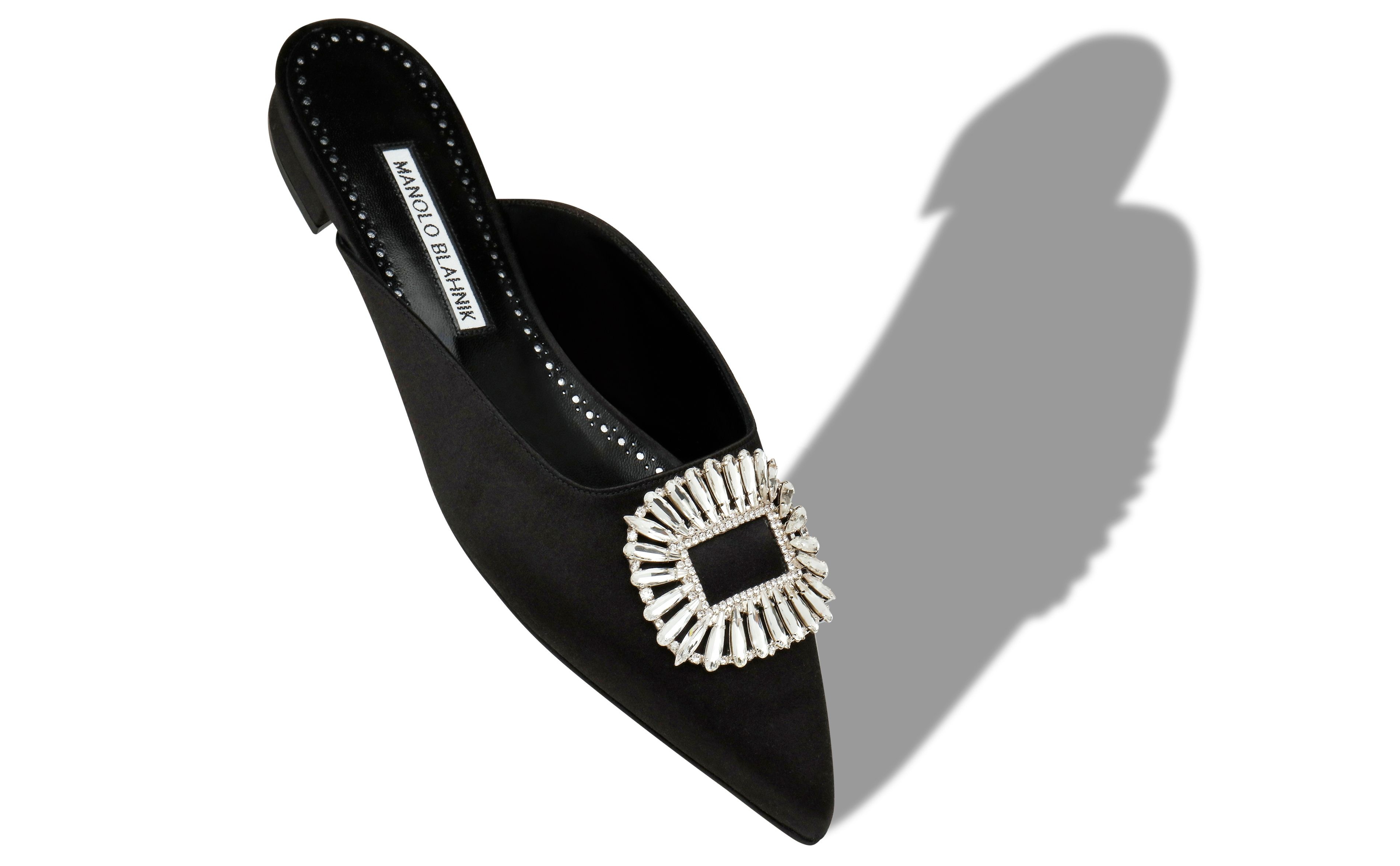 Black Satin Shell Crystal Embellished Mules - 2