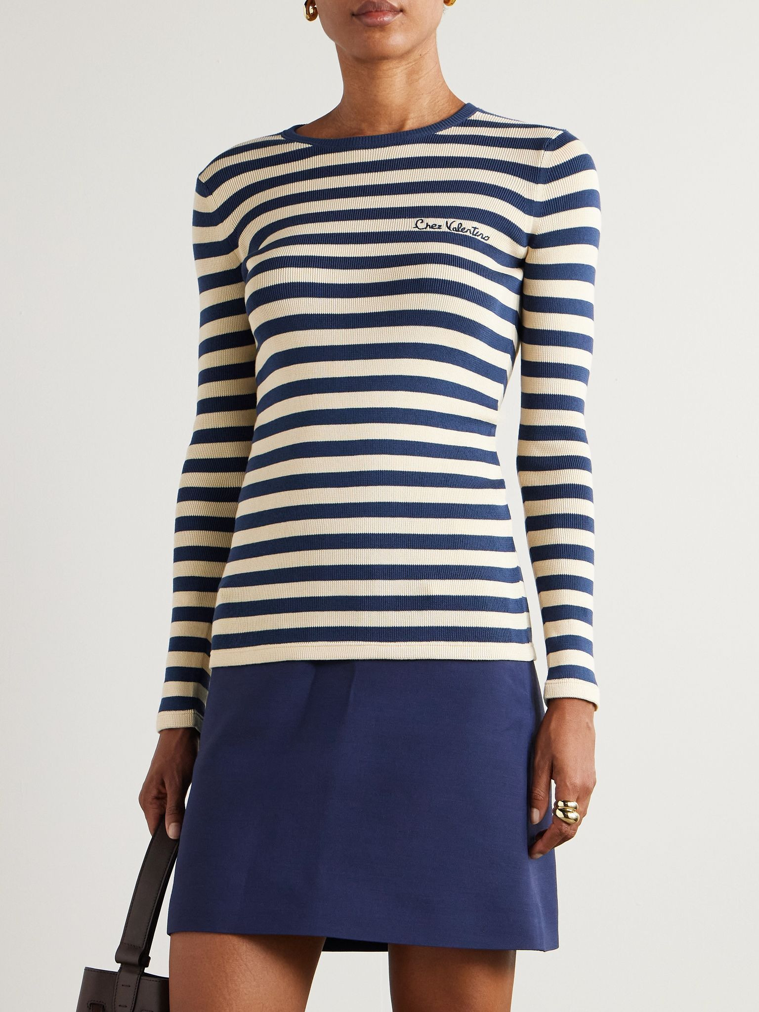 Embroidered striped cotton sweater Navy - 3