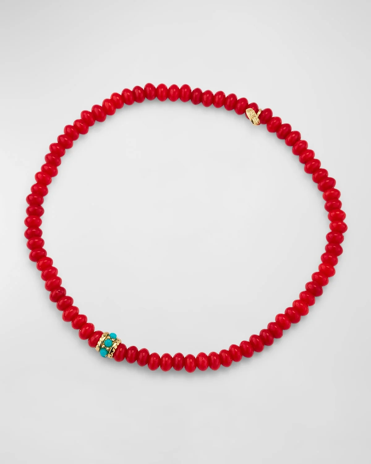 Gold and Turquoise Scallop Rondelle on Red Bamboo Coral Bracelet - 1