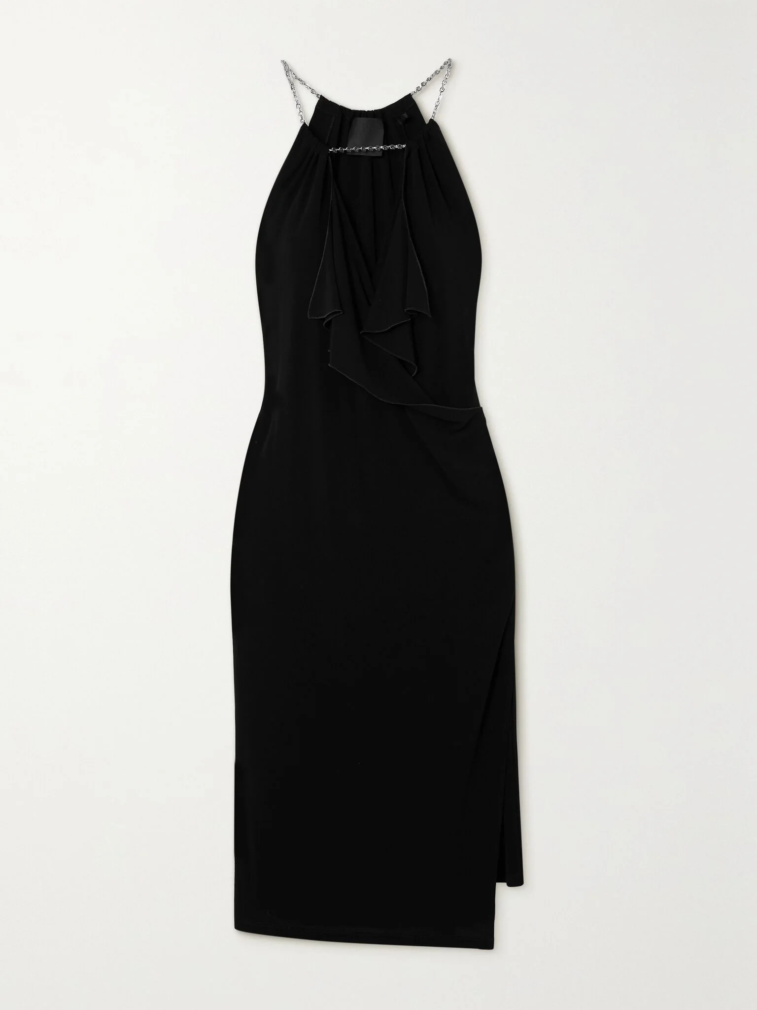 Chain-embellished ruffled crepe de chine midi dress Black - 1