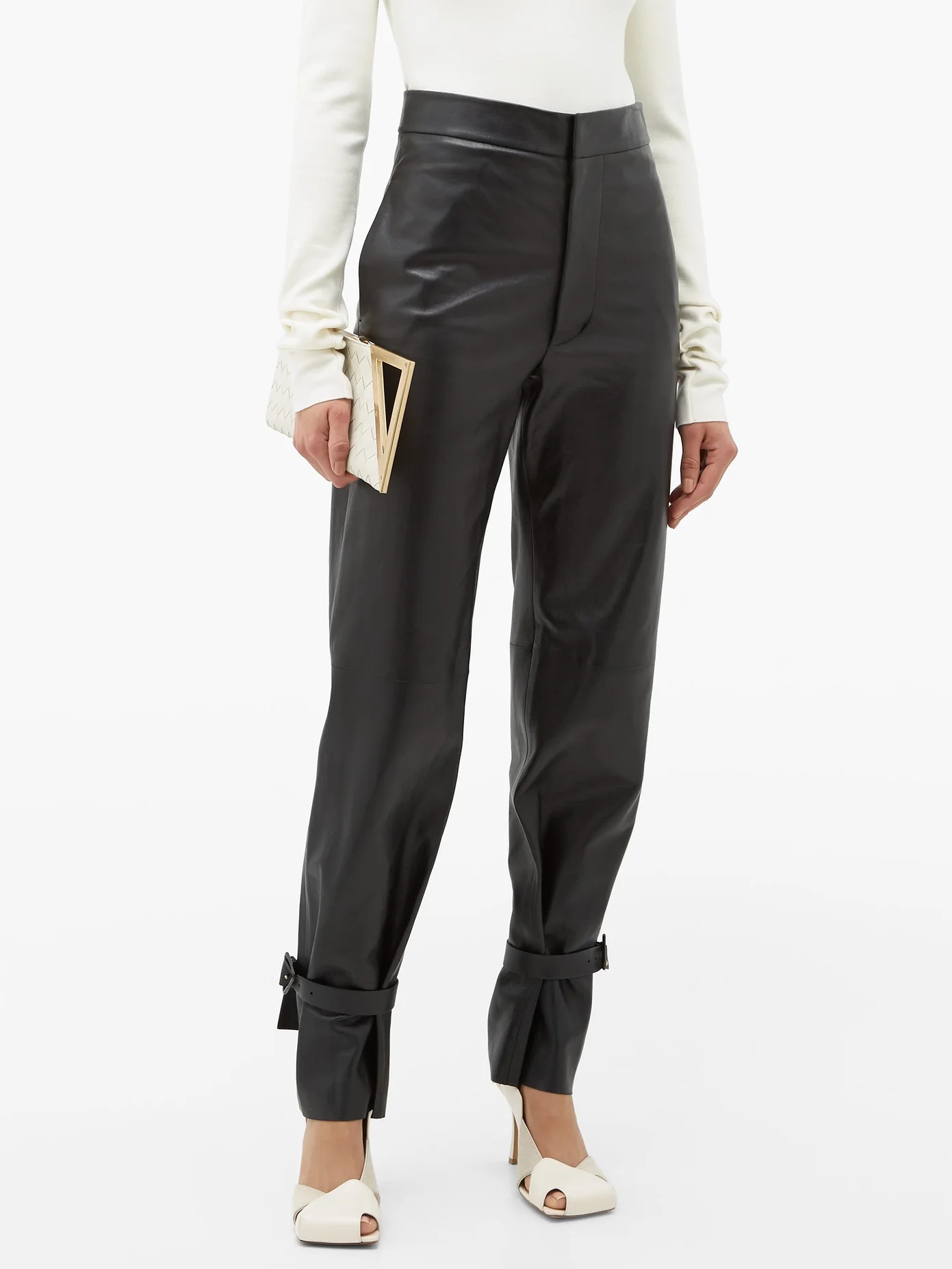 Tied-cuff leather wide-leg trousers - 7