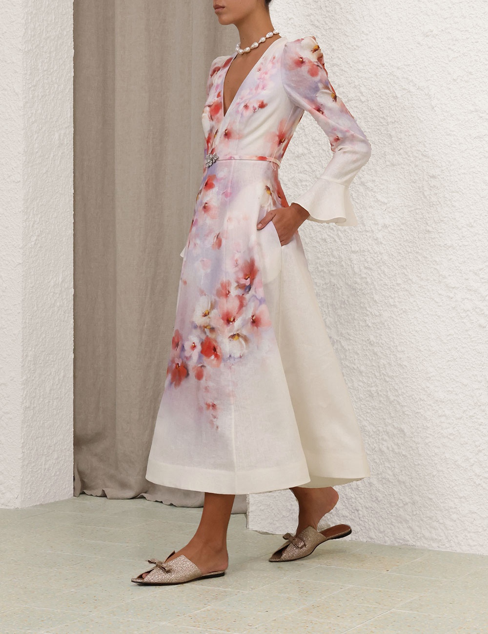 CRUSH FRILL SLEEVED MIDI DRESS - 8