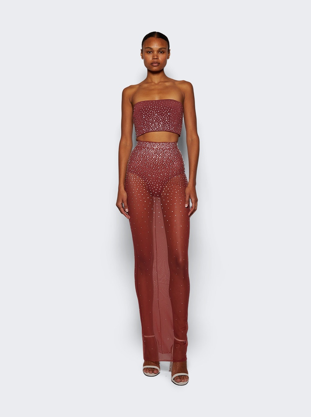 Strapless Crop Top In Crystal Porwer Mesh Cognac - 2