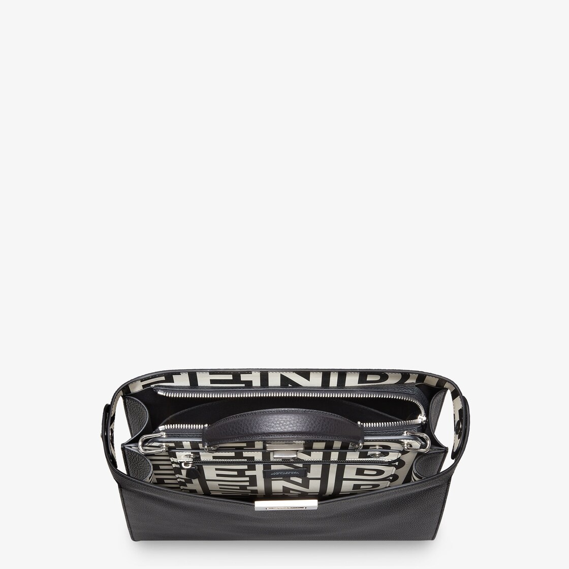 Medium Peekaboo ISeeU bag made of black Cuoio Romano leather, printed on the inside with a black and - 5