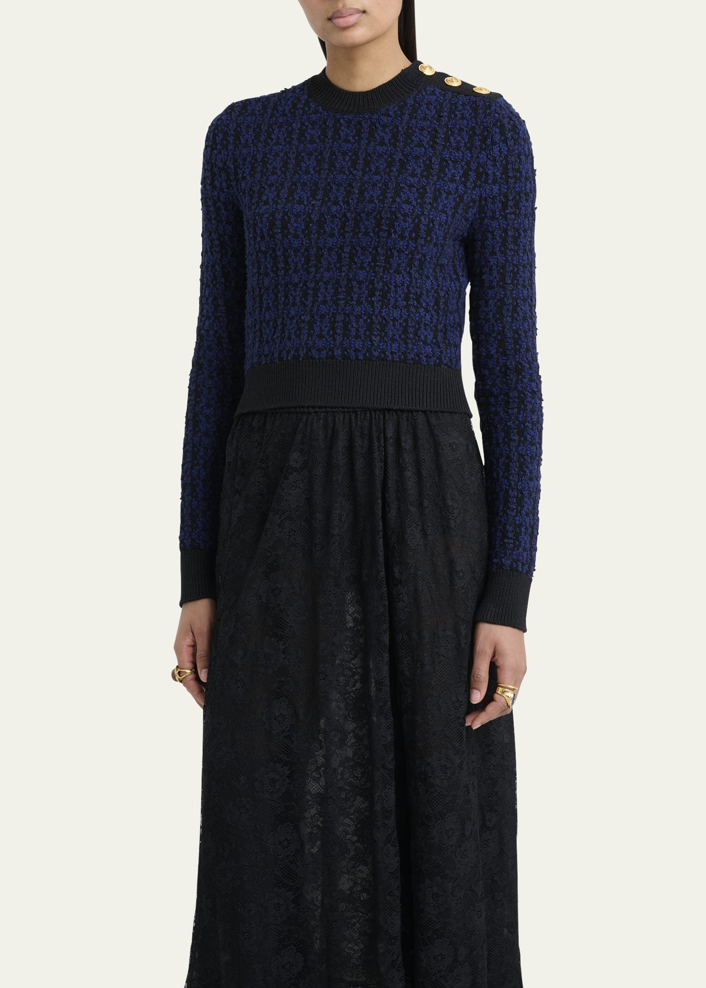 Button-Shoulder Boucle Knit Crop Sweater - 4