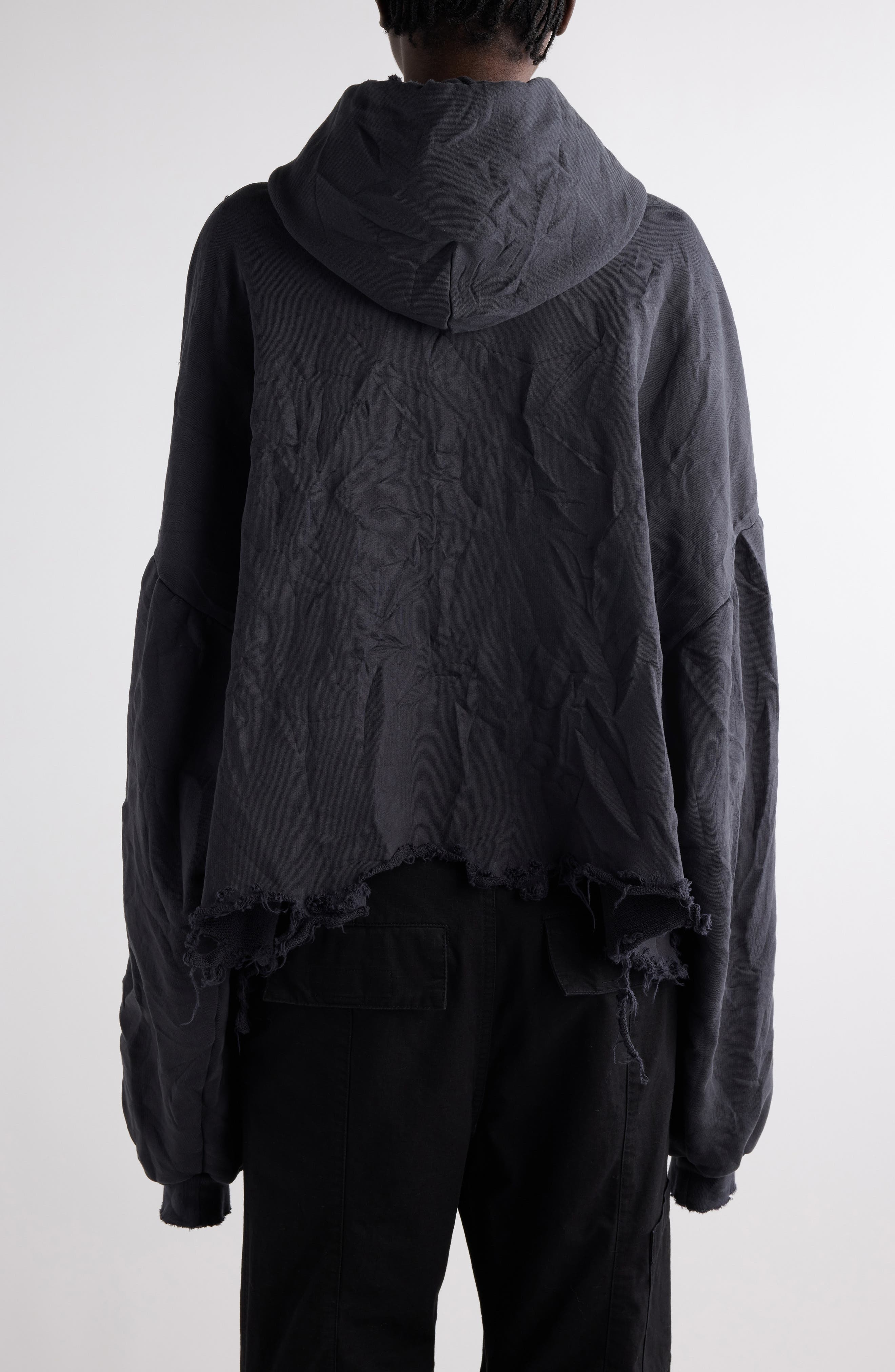 Balenciaga Logo Distressed Crop Graphic Hoodie in Washed Black/Blue at Nordstrom - 3
