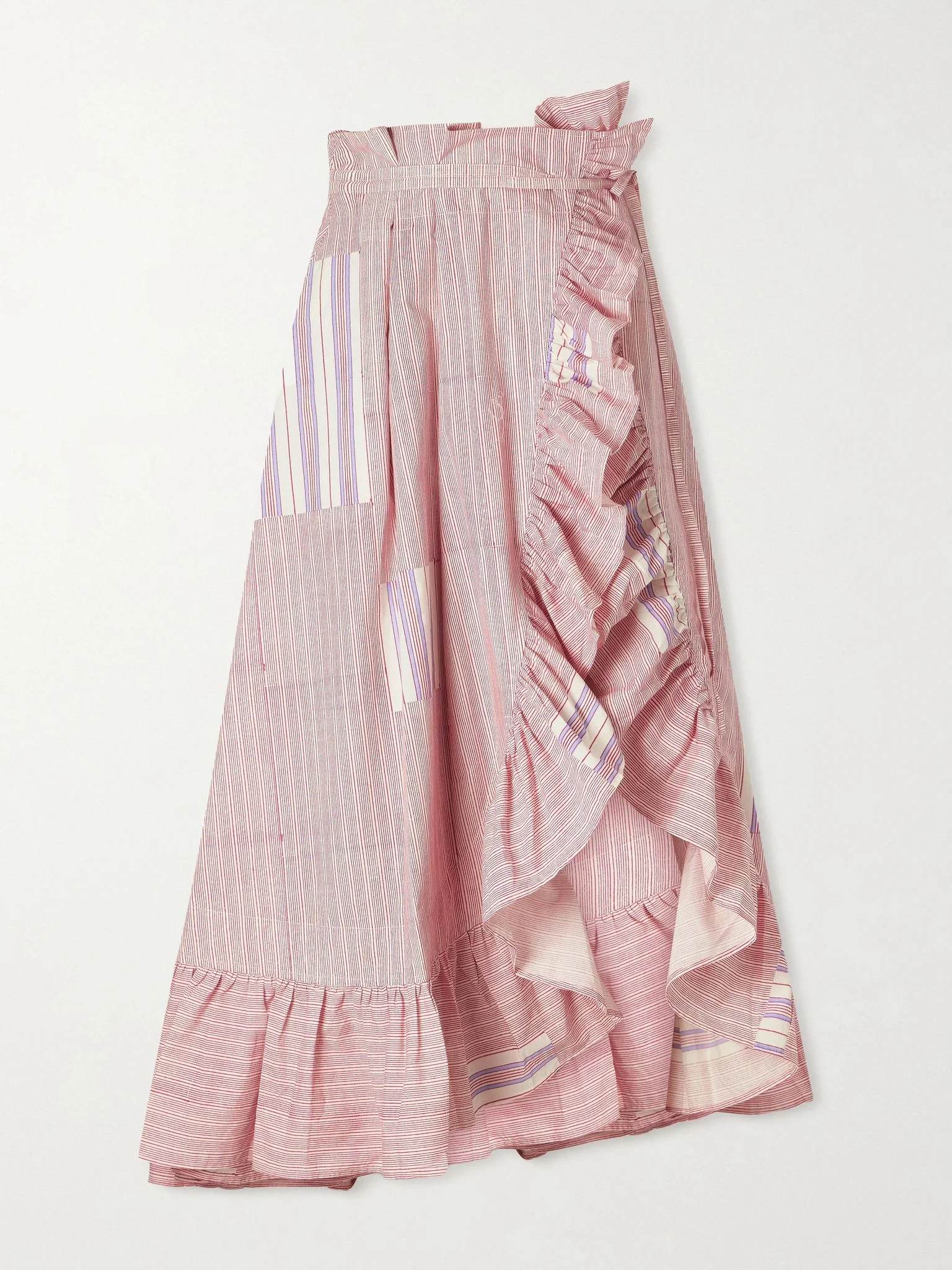 Tasha ruffled striped cotton-voile wrap midi skirt Pink - 1