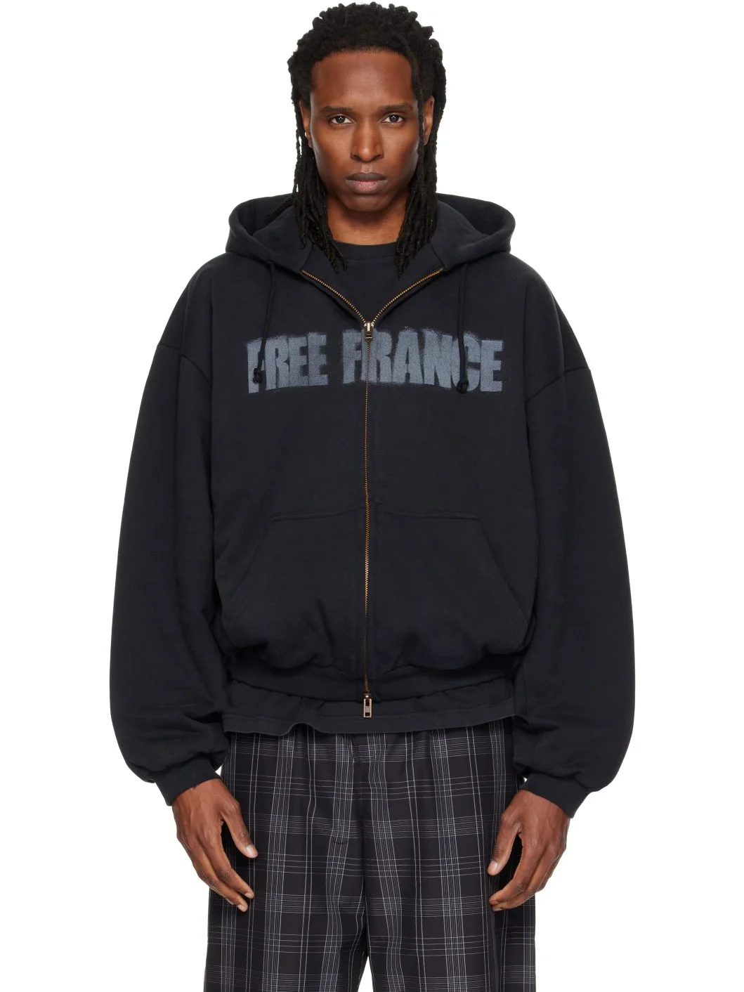 Black Puffed Zip Up 'Free France' Hoodie - 1