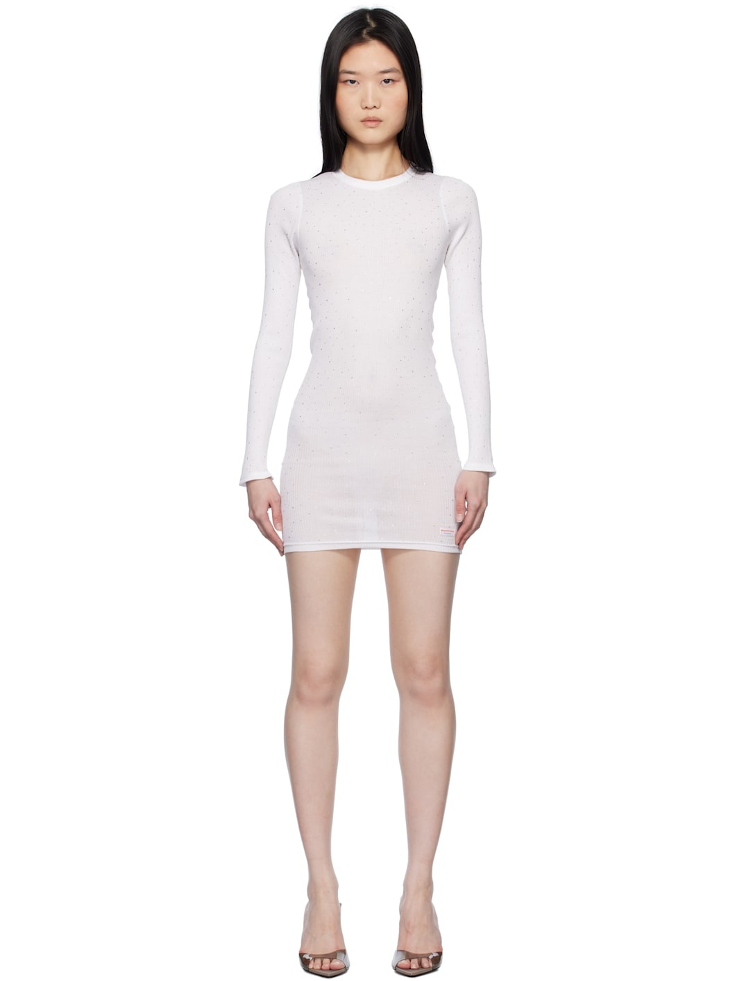 White Long Sleeve Hotfix Rib Crewneck Minidress - 1