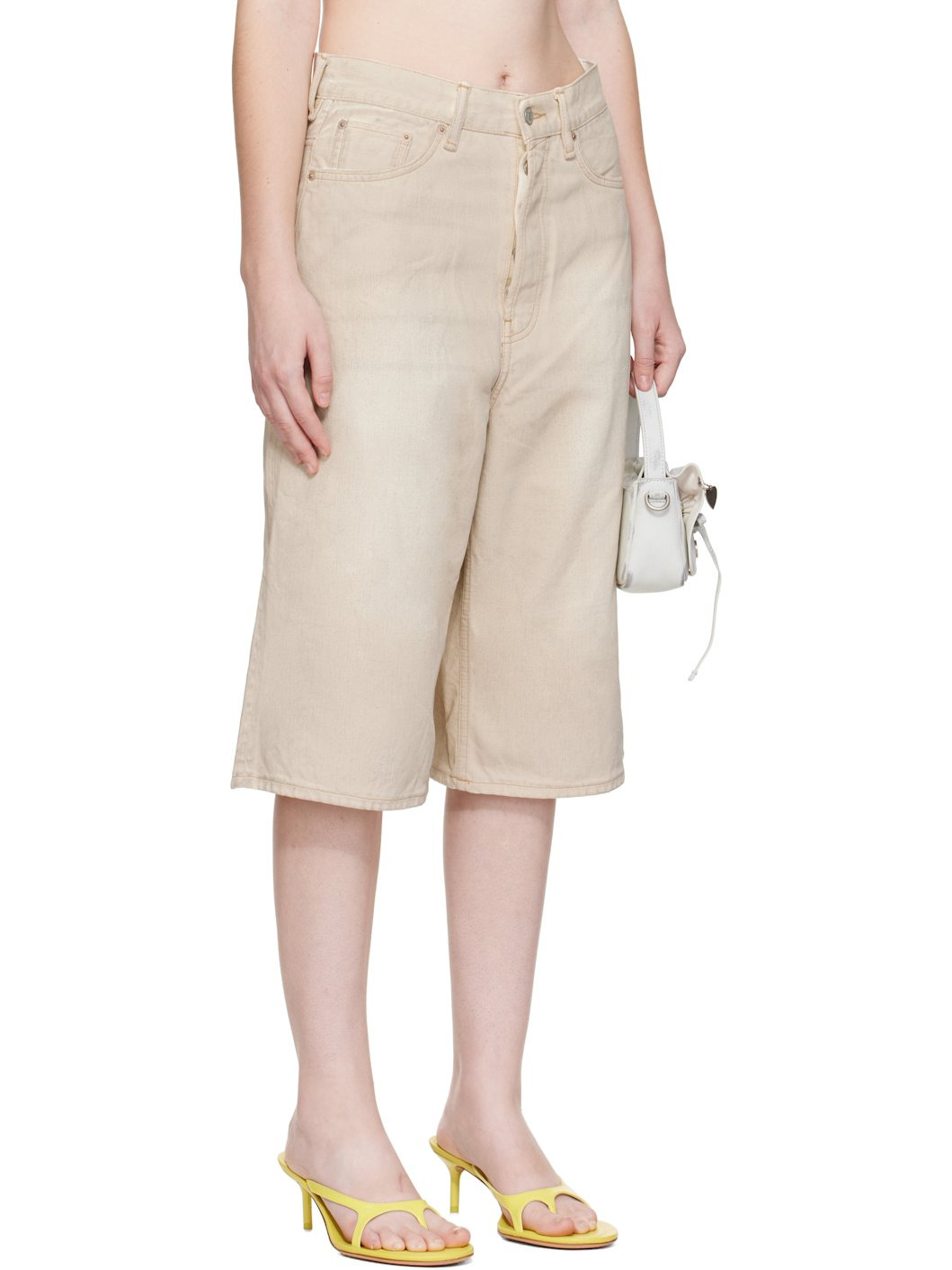Beige Coated Denim Shorts - 2