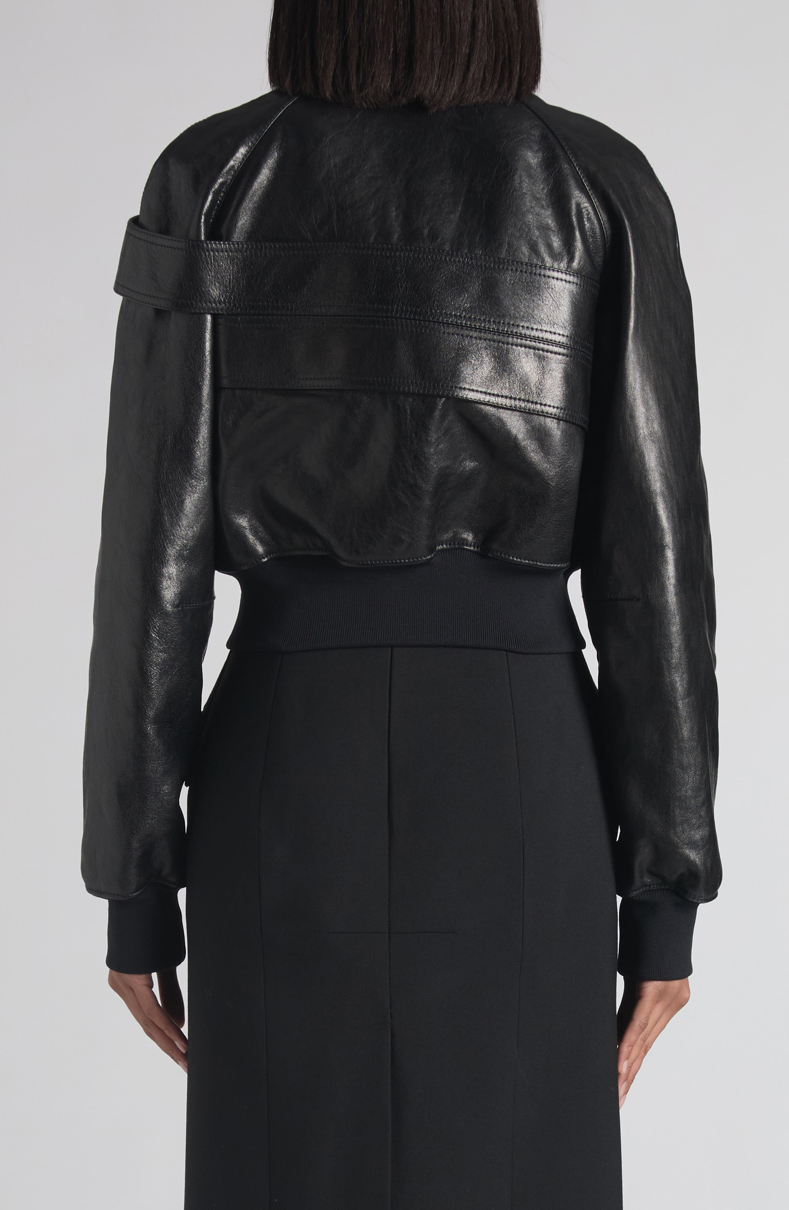 McQueen Belt Detail Lambskin Leather Bomber Jacket in Black at Nordstrom - 3
