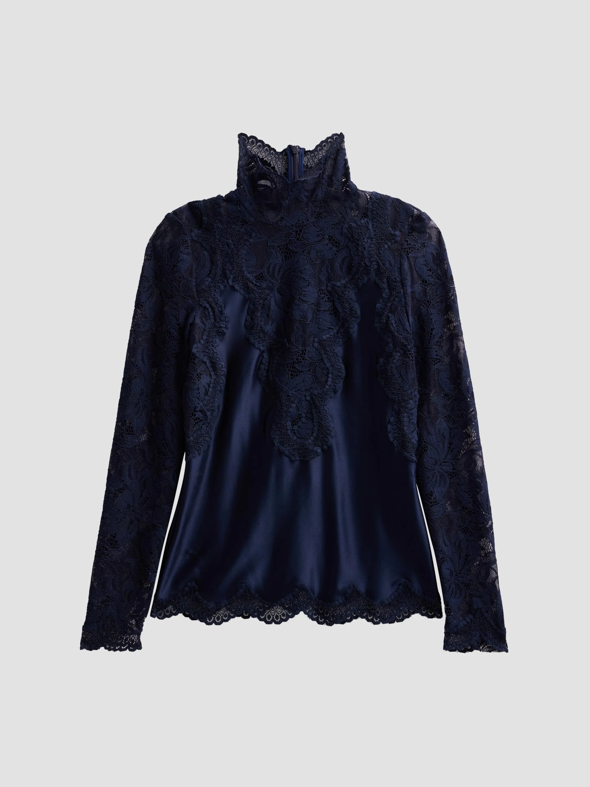Women's Lace Satin Long-Sleeve Top - Deep Navy - 1