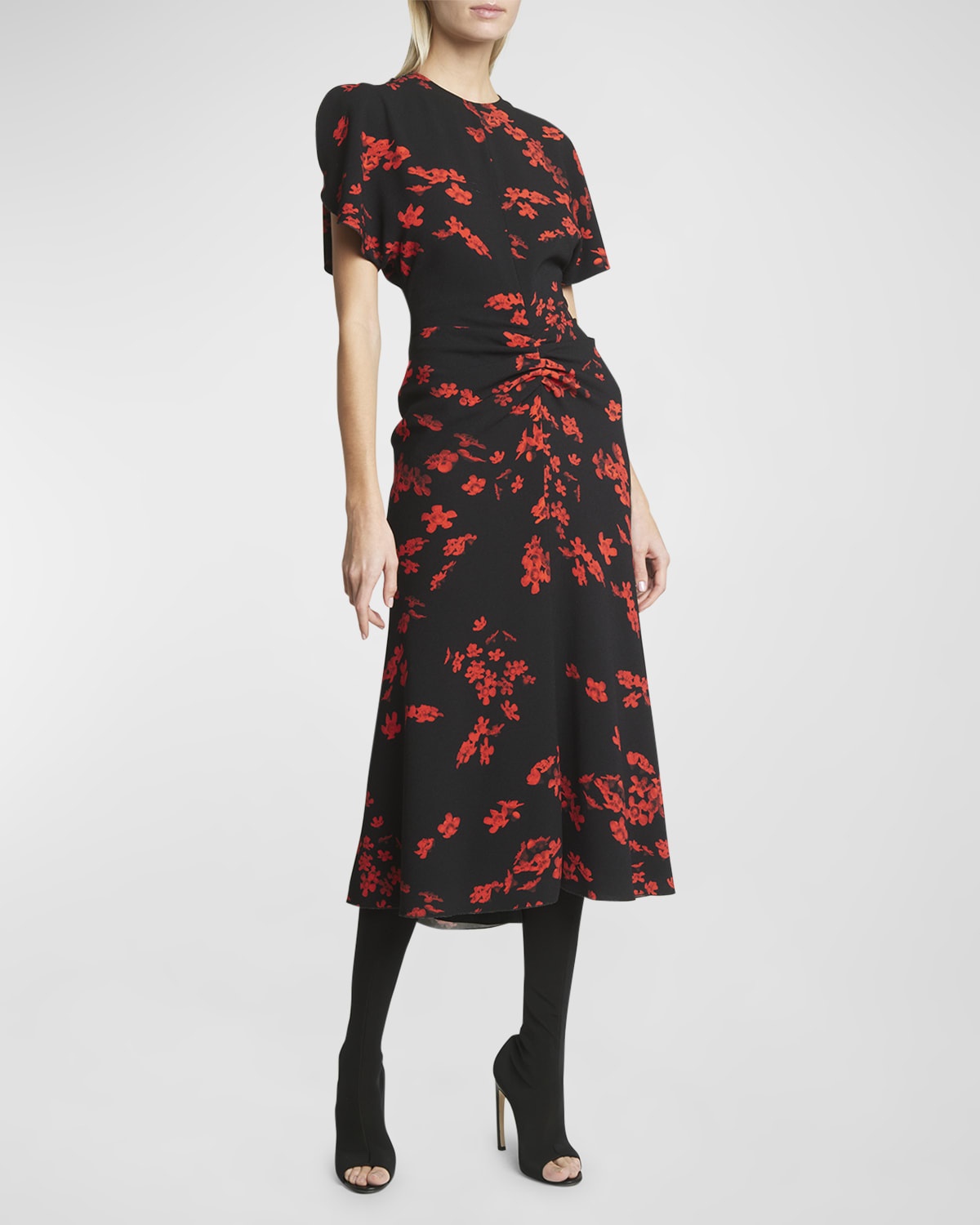 Gathered Waist Floral Print Midi Dress - 7