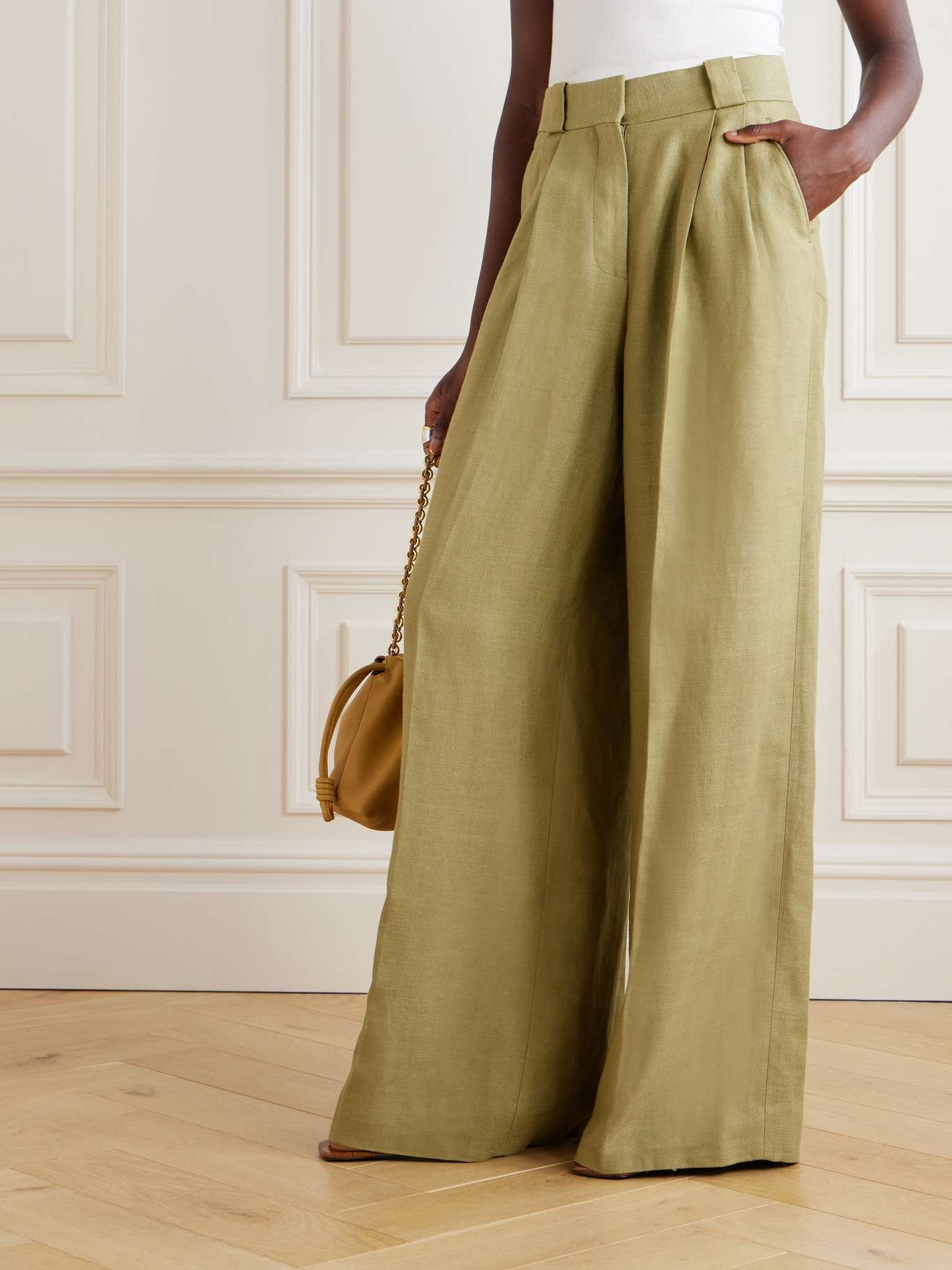 Husi pleated linen and silk-blend wide-leg pants - 3