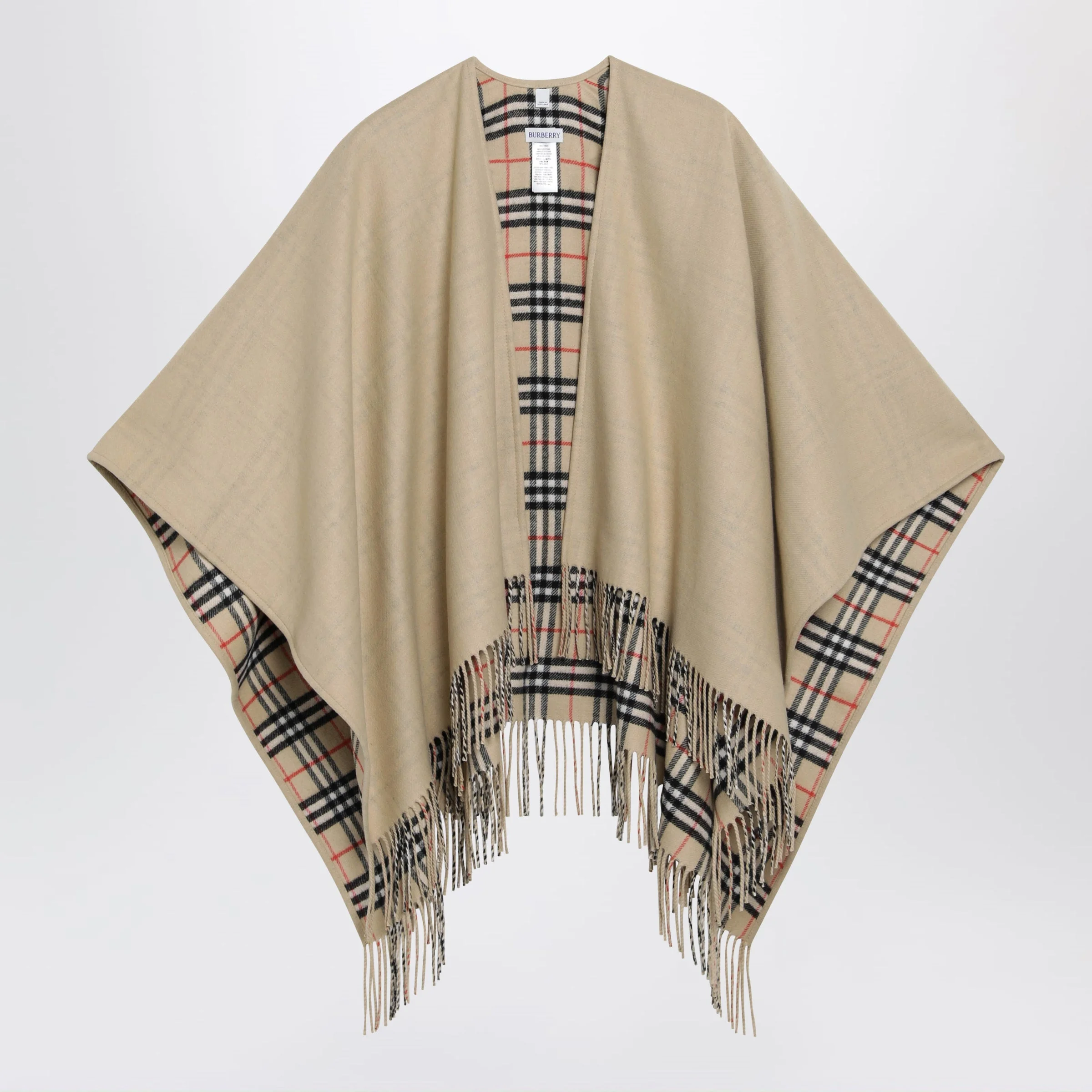 Burberry Reversible Wool Check Cape With Fringes In Sand Beige Women - 1