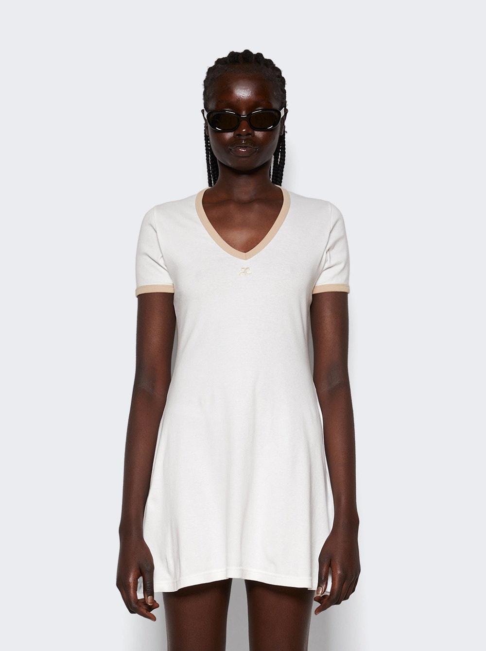 Contrast V Neck Mini Dress Sand - 3