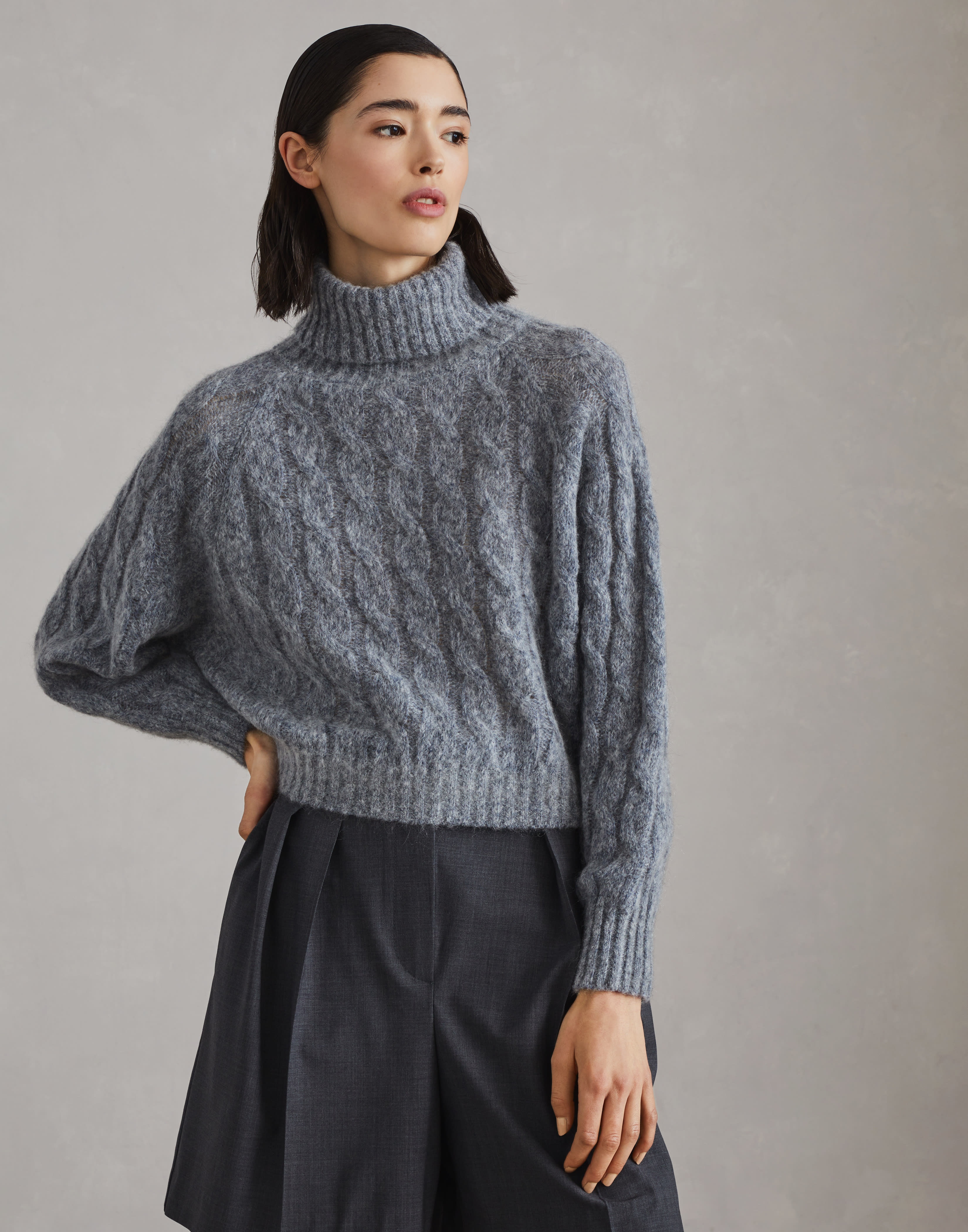 Wool and mohair cable knit turtleneck sweater with monili - 1