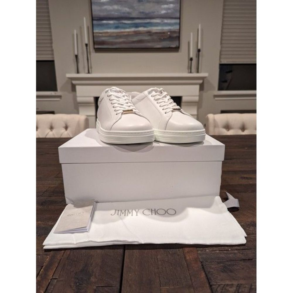 Jimmy Choo Women White Rome Metallic-Trimmed Leather Sneakers - 6