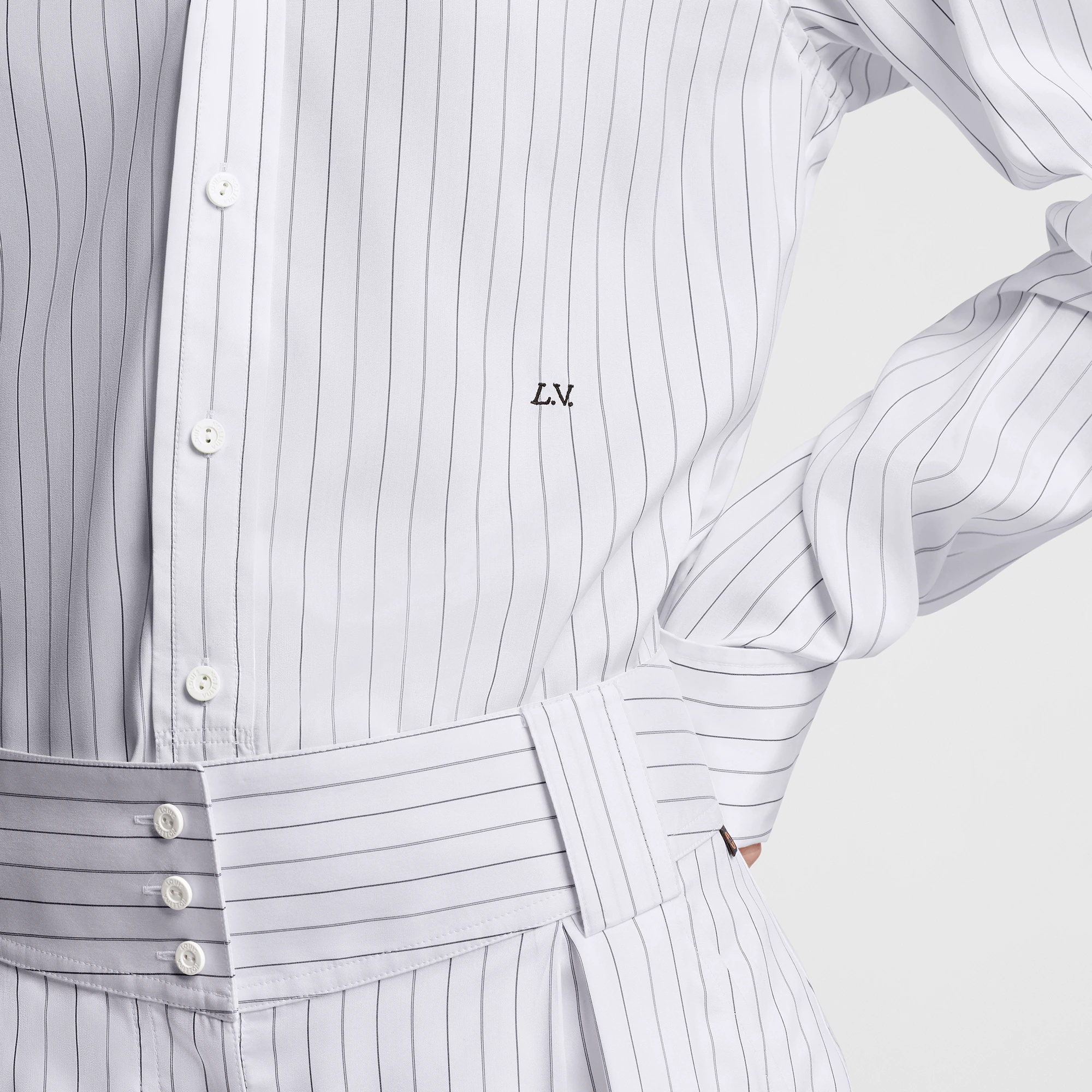 Collarless Pinstripe Silk Shirt - 2