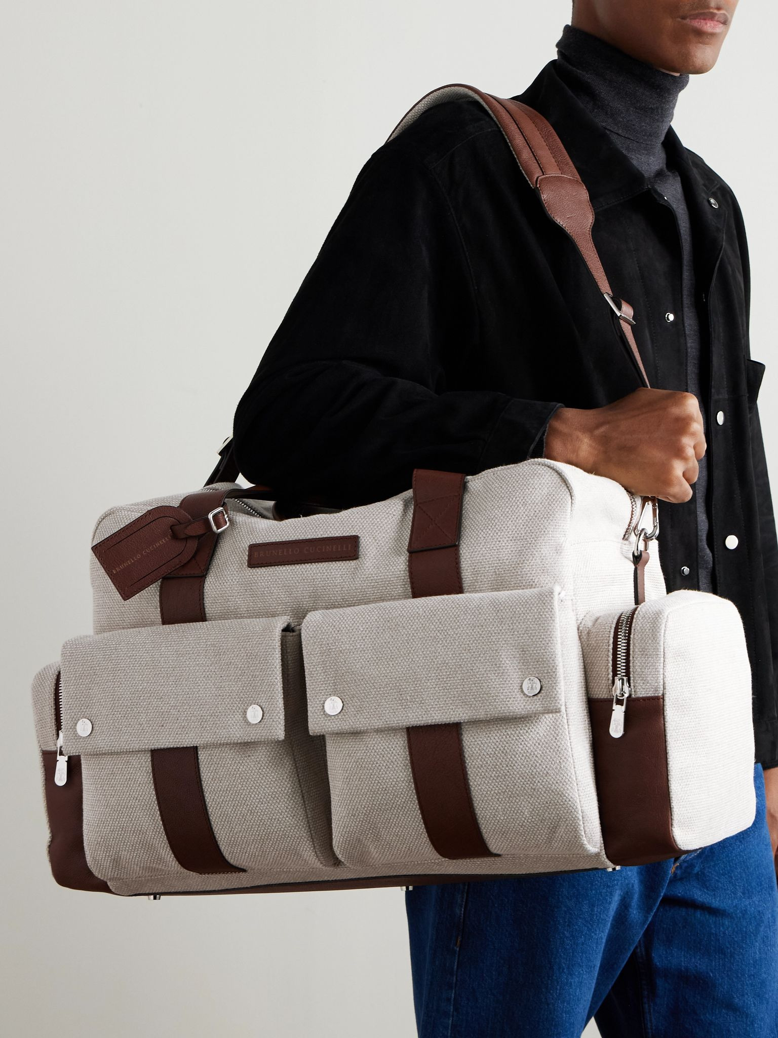 Leather-Trimmed Canvas Weekend Bag Beige - 6