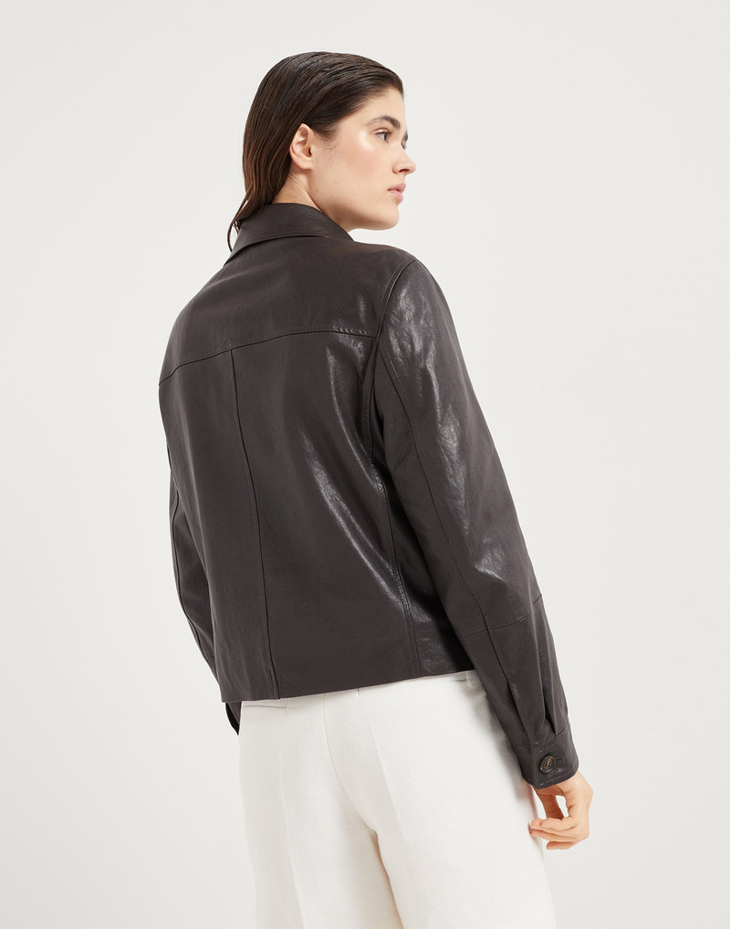 Brunello Cucinelli Polished leather cropped pea coat with monili outlook