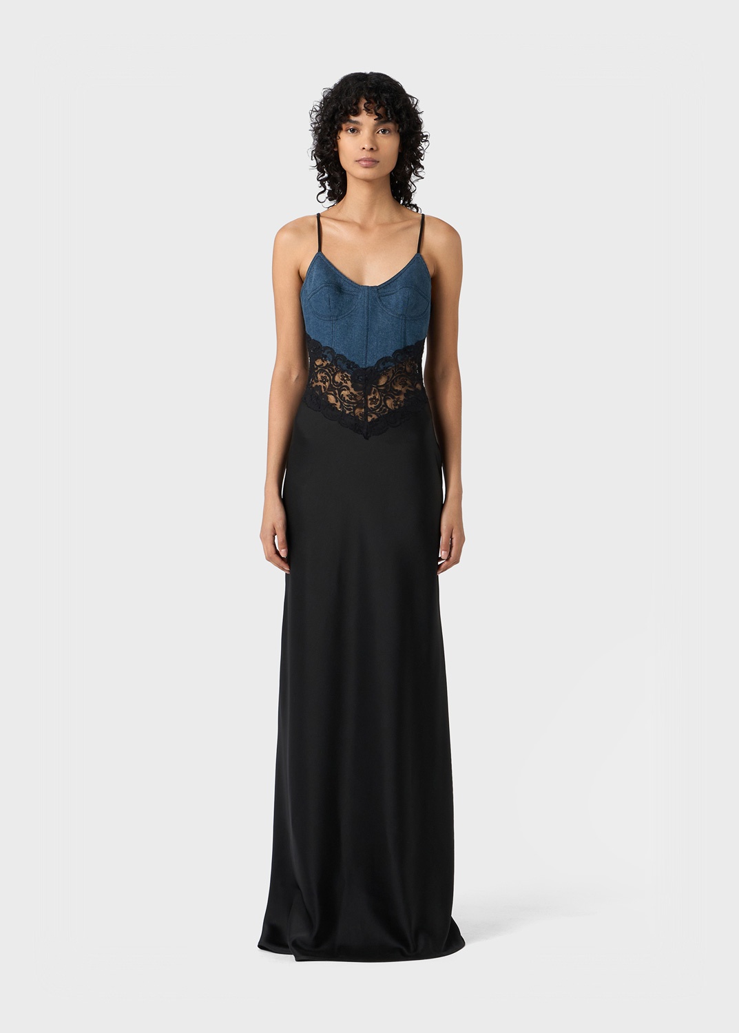 SATIN LONG DRESS WITH DENIM AND LACE INSERTS - 3