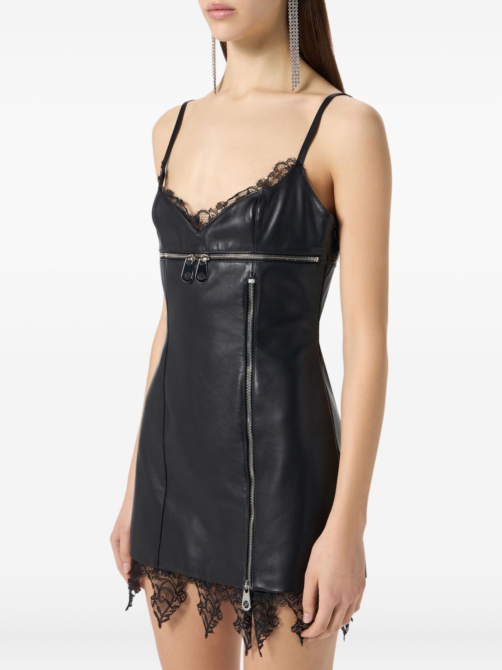 lace-trimmed leather dress - 4